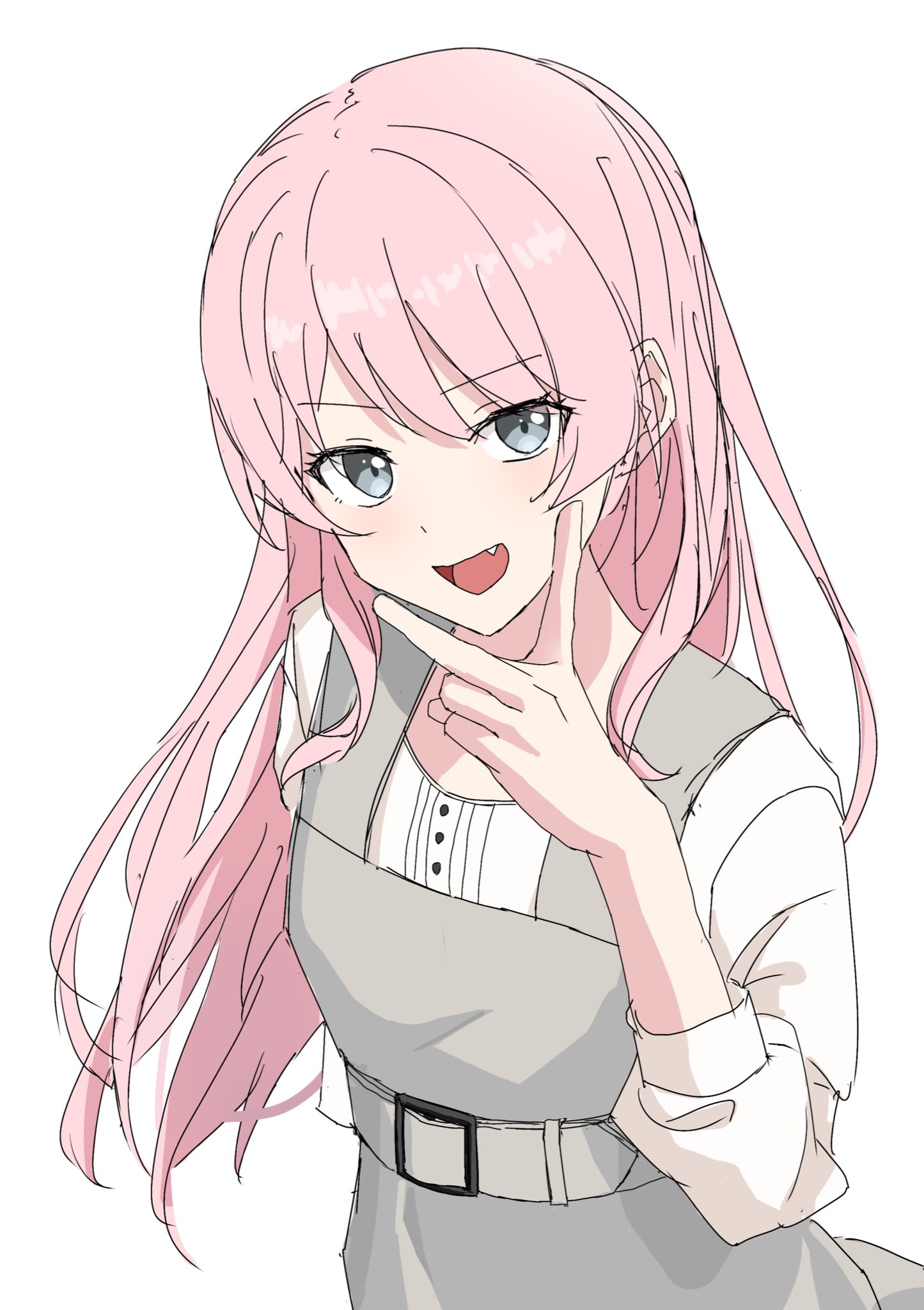 kurare 0725, chihaya anon, bang dream!, bang dream! it's mygo!!!!!, commentary request, highres, 1girl, dress, fang, grey dress, grey eyes, long hair, open mouth, pinafore dress, pink hair, shirt, simple background, sleeveless, sleeveless dress, solo, three-quarter sleeves, v, v over mouth, white background, white shirt