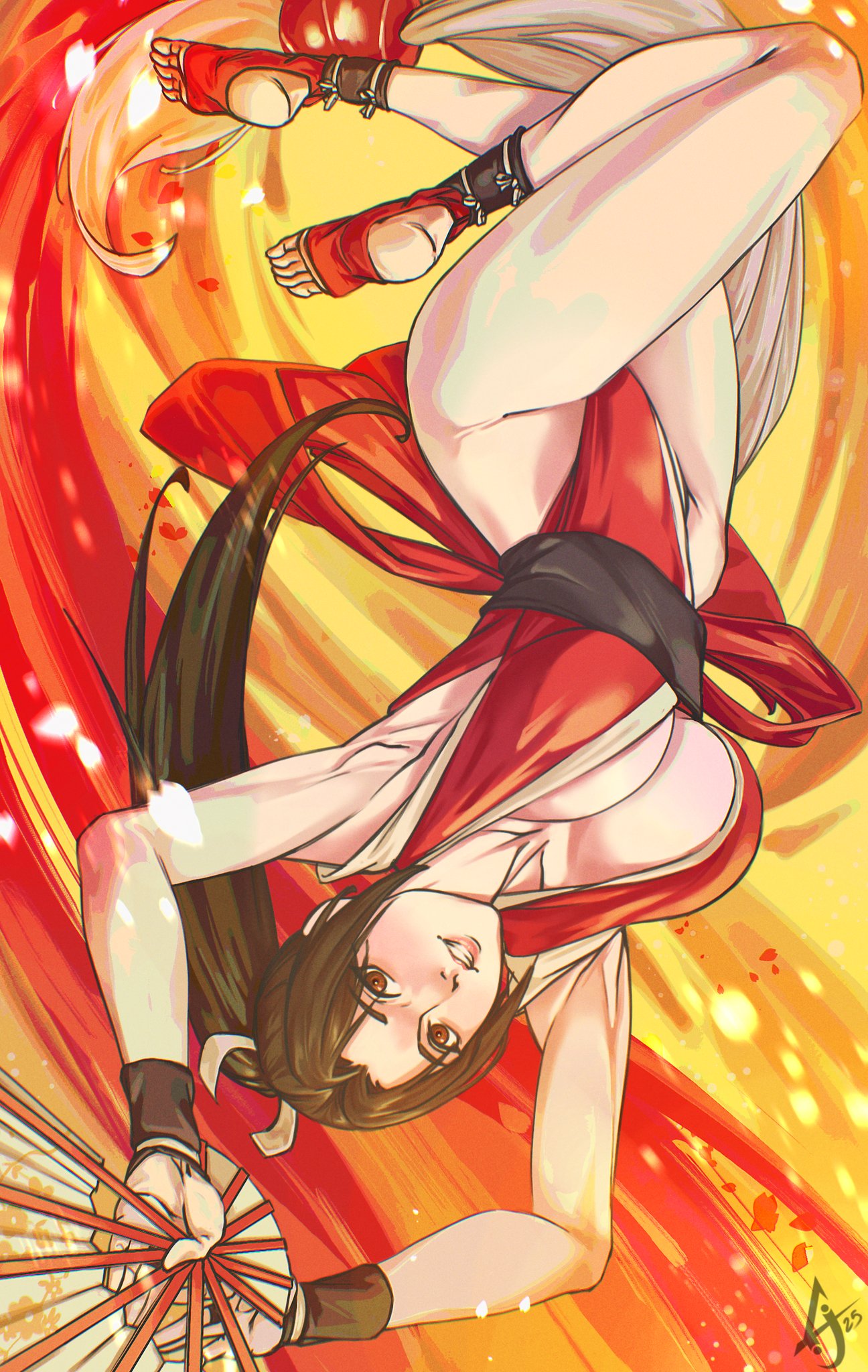 shiranui mai, fatal fury, street fighter, street fighter 6, highres, 1girl, armpits, arms up, blush, breasts, brown eyes, brown hair, cleavage, collarbone, fire, full body, hair ornament, hand fan, high ponytail, holding, holding fan, large breasts, long hair, looking at viewer, motoyui, ninja, parted lips, ponytail, revealing clothes, sash, solo, sum10wird, thighs, toes, upside-down