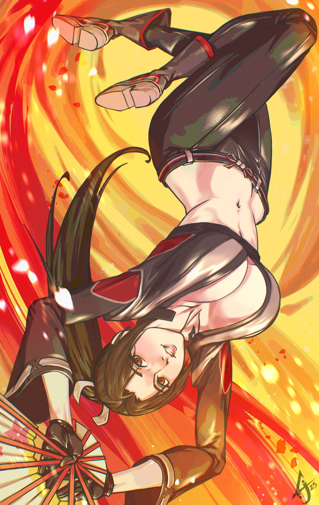 shiranui mai, fatal fury, fatal fury: city of the wolves, street fighter, street fighter 6, highres, 1girl, arms up, black boots, black gloves, black jacket, black pants, blush, boots, breasts, brown eyes, brown hair, cleavage, collarbone, cropped jacket, fire, full body, gloves, hair ornament, hand fan, high ponytail, holding, holding fan, jacket, large breasts, leather, leather jacket, leather pants, long hair, long sleeves, looking at viewer, midriff, motoyui, navel, official alternate costume, pants, parted lips, ponytail, solo, sum10wird, upside-down