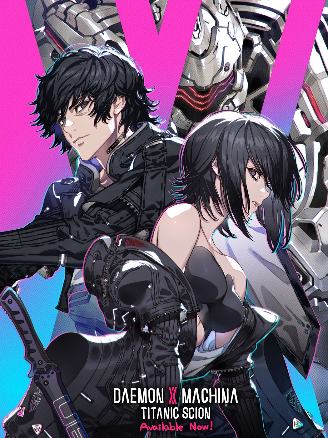 fujisaka kimihiko, daemon x machina, commentary, english commentary, highres, official art, promotional art, 1boy, 1girl, black bra, black eyes, black hair, black jacket, blue background, bra, breasts, closed mouth, english text, gradient background, jacket, long sleeves, looking at viewer, medium breasts, neck tattoo, nova (daemon x machina), open clothes, open jacket, parted lips, pink background, sheath, sheathed, sword, tattoo, underwear, upper body, weapon