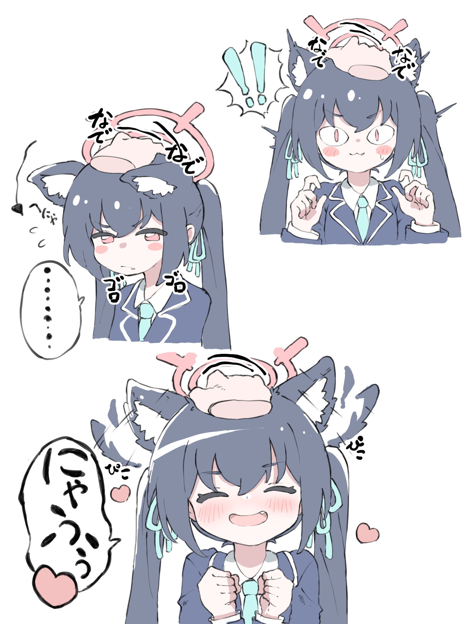 norippe (user zgsf8872), serika (blue archive), blue archive, commentary request, highres, translation request, !, !!, …, 1girl, 1other, :3, :d, ^ ^, afterimage, animal ear fluff, animal ears, arrow (symbol), black hair, blazer, blue jacket, blue necktie, blue ribbon, blush stickers, brown eyes, cat ears, closed eyes, closed mouth, collared shirt, disembodied hand, ear wiggle, ears down, fang, fang out, hair between eyes, hair ribbon, halo, hands up, headpat, jacket, long hair, motion lines, necktie, open mouth, ribbon, school uniform, shirt, simple background, slit pupils, small sweatdrop, smile, spoken ellipsis, spoken exclamation mark, sweat, twintails, v-shaped eyebrows, white background, white shirt