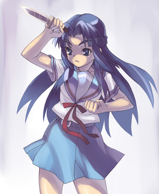 oryo (oryo04), asakura ryoko, suzumiya haruhi no yuuutsu, 00s, blue hair, knife, school uniform, serafuku, solo
