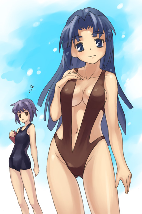 oryo (oryo04), asakura ryoko, nagato yuki, suzumiya haruhi no yuuutsu, 00s, 2girls, bikini, black one-piece swimsuit, black slingshot swimsuit, blue eyes, blue hair, breast envy, breasts, cleavage, long hair, medium breasts, midriff, multiple girls, one-piece swimsuit, school swimsuit, slingshot swimsuit, small breasts, swimsuit