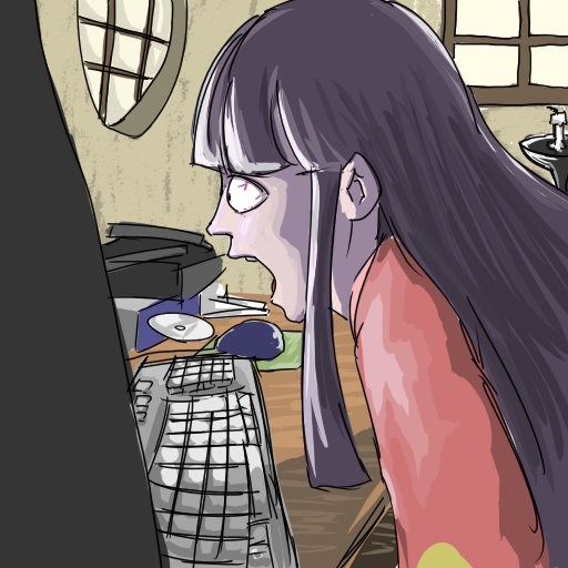 rockbouquet, angry german kid, houraisan kaguya, touhou, tagme, 1girl, blunt bangs, cd, computer, computer keyboard, computer mouse, female focus, hikikomori, indoors, long hair, monitor, mousepad (object), neet, parody, sidelocks, solo, window