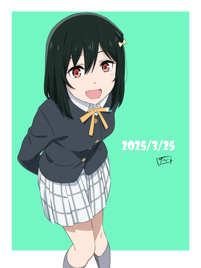 watanabe keisuke, mifune shioriko, love live!, love live! nijigasaki high school idol club, 1girl, arms behind back, black hair, black jacket, blush, bob cut, border, bow, breasts, buttons, collared shirt, dated, dress shirt, fang, feet out of frame, from above, green background, grey socks, hair ribbon, jacket, kneehighs, long sleeves, looking at viewer, medium hair, miniskirt, nijigasaki school uniform, open mouth, outside border, plaid clothes, plaid skirt, pleated skirt, red eyes, ribbon, school uniform, shirt, signature, skirt, smile, socks, solo, standing, white border, white shirt, white skirt, winter uniform, yellow bow, yellow ribbon