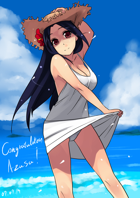 rkrk, miura azusa, idolmaster, idolmaster (classic), idolmaster 1, 00s, 1girl, beach, breasts, character name, cleavage, clothes lift, day, dress, dress lift, female focus, hand on own head, hat, outdoors, panties, pantyshot, skirt, skirt lift, sky, solo, underwear