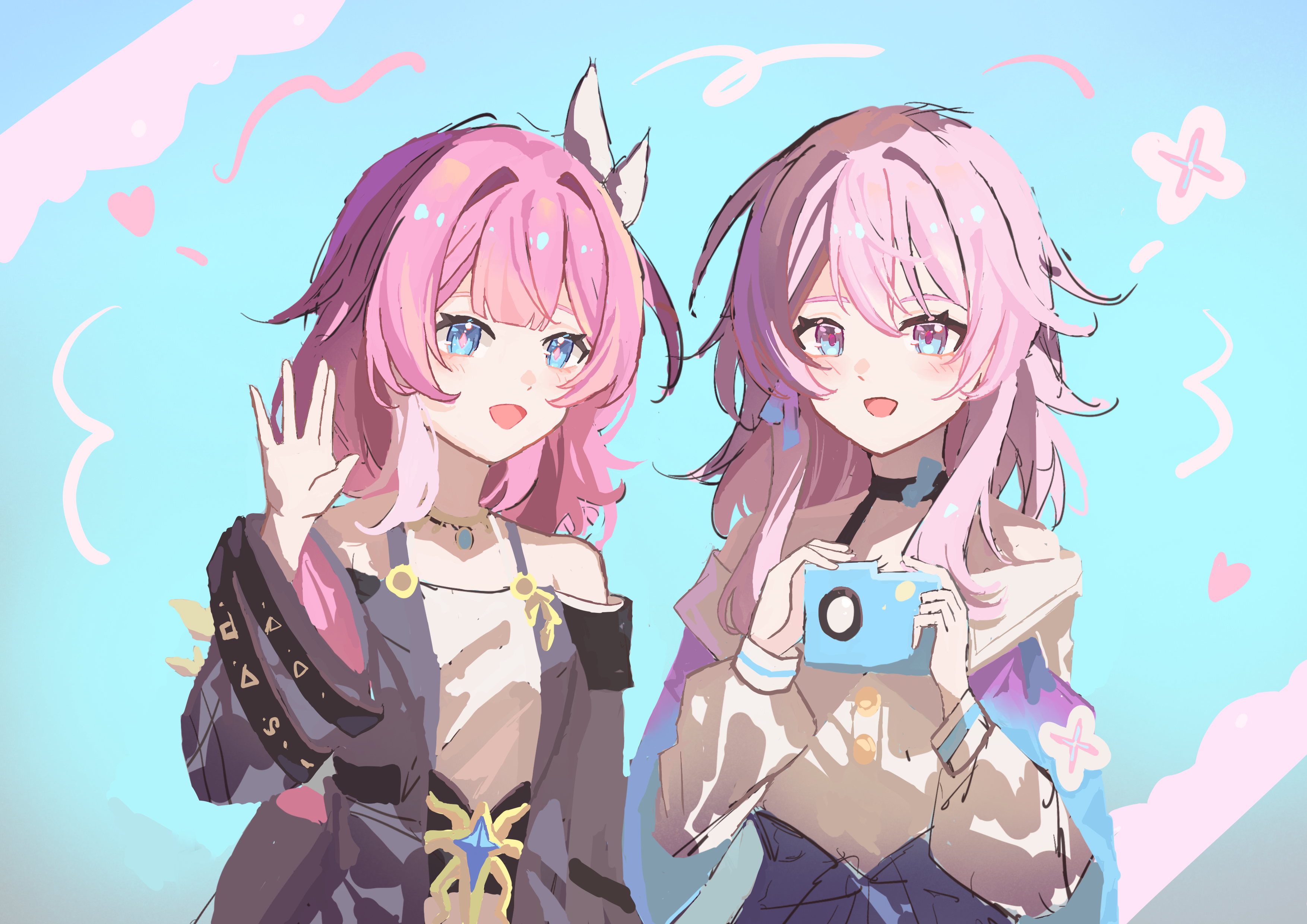 cyrene (honkai: star rail), march 7th (honkai: star rail), march 7th (preservation) (honkai: star rail), honkai: star rail, honkai (series), absurdres, chinese commentary, commentary request, highres, 2girls, black choker, blue background, blue eyes, breasts, camera, choker, coat, cyrene (aedes elysiae) (honkai: star rail), dress, hair ornament, holding, holding camera, medium hair, multicolored eyes, multicolored hair, multiple girls, open mouth, pink hair, purple coat, shirt, small breasts, smile, two-tone eyes, two-tone hair, white dress, white hair, white shirt, xi wu yogurt