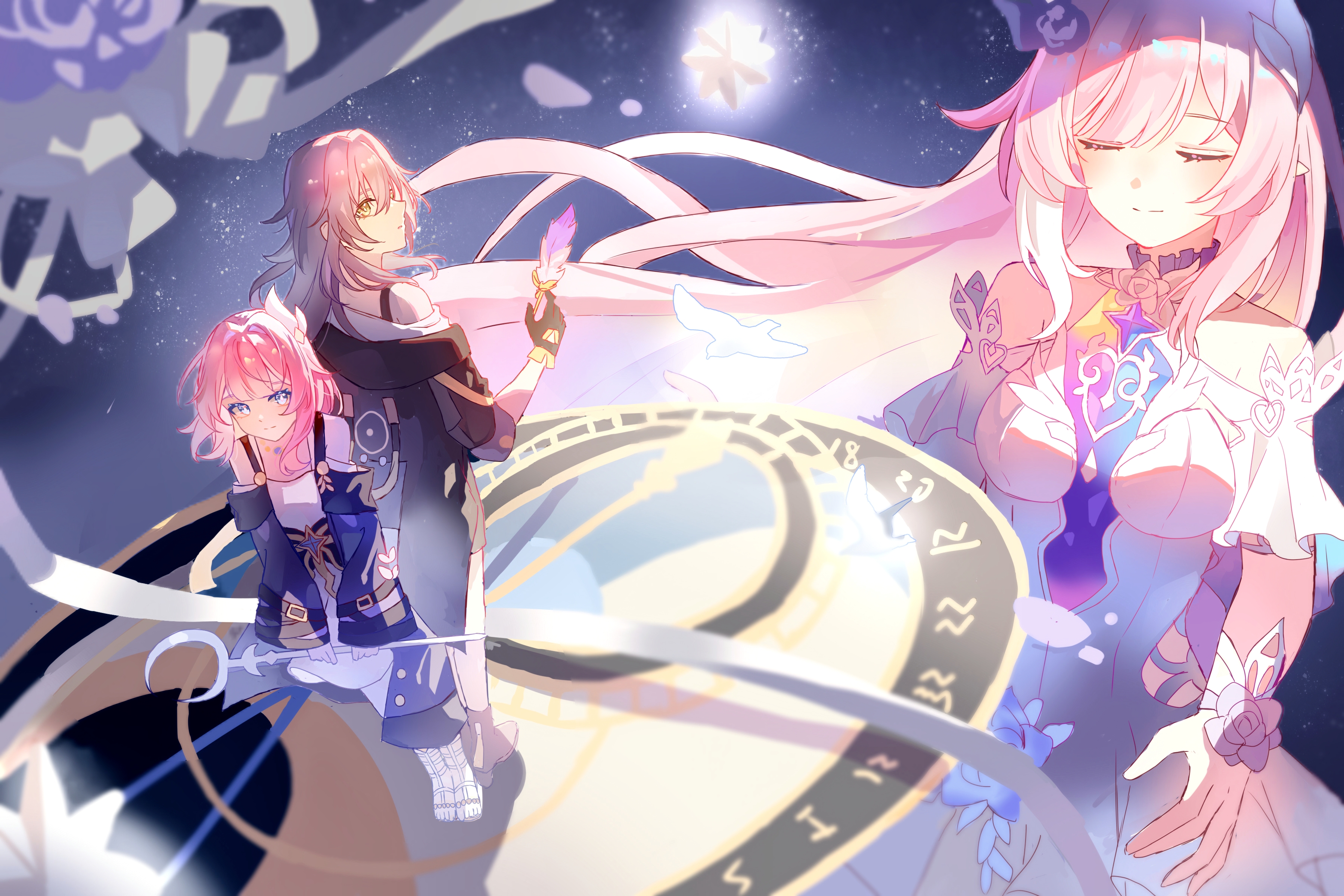 cyrene (honkai: star rail), cyrene (ripples of past reverie) (honkai: star rail), stelle (honkai: star rail), trailblazer (honkai: star rail), honkai: star rail, honkai (series), absurdres, chinese commentary, commentary request, highres, 3girls, bare shoulders, black coat, black gloves, blue eyes, breasts, coat, cyrene (aedes elysiae) (honkai: star rail), dress, dual persona, flower, gloves, grey hair, hair flower, hair ornament, holding, holding quill, holding staff, jewelry, large breasts, long hair, medium hair, multiple girls, necklace, purple coat, quill, sky, small breasts, staff, star (sky), starry sky, very long hair, white dress, xi wu yogurt, yellow eyes