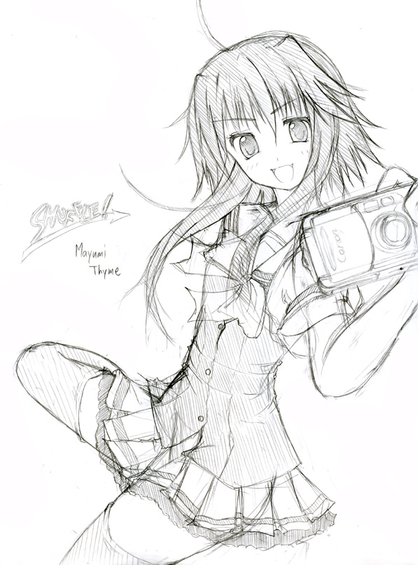 ayase hikaru, mayumi thyme, shuffle!, tagme, 00s, greyscale, monochrome, short hair with long locks, solo, thighhighs