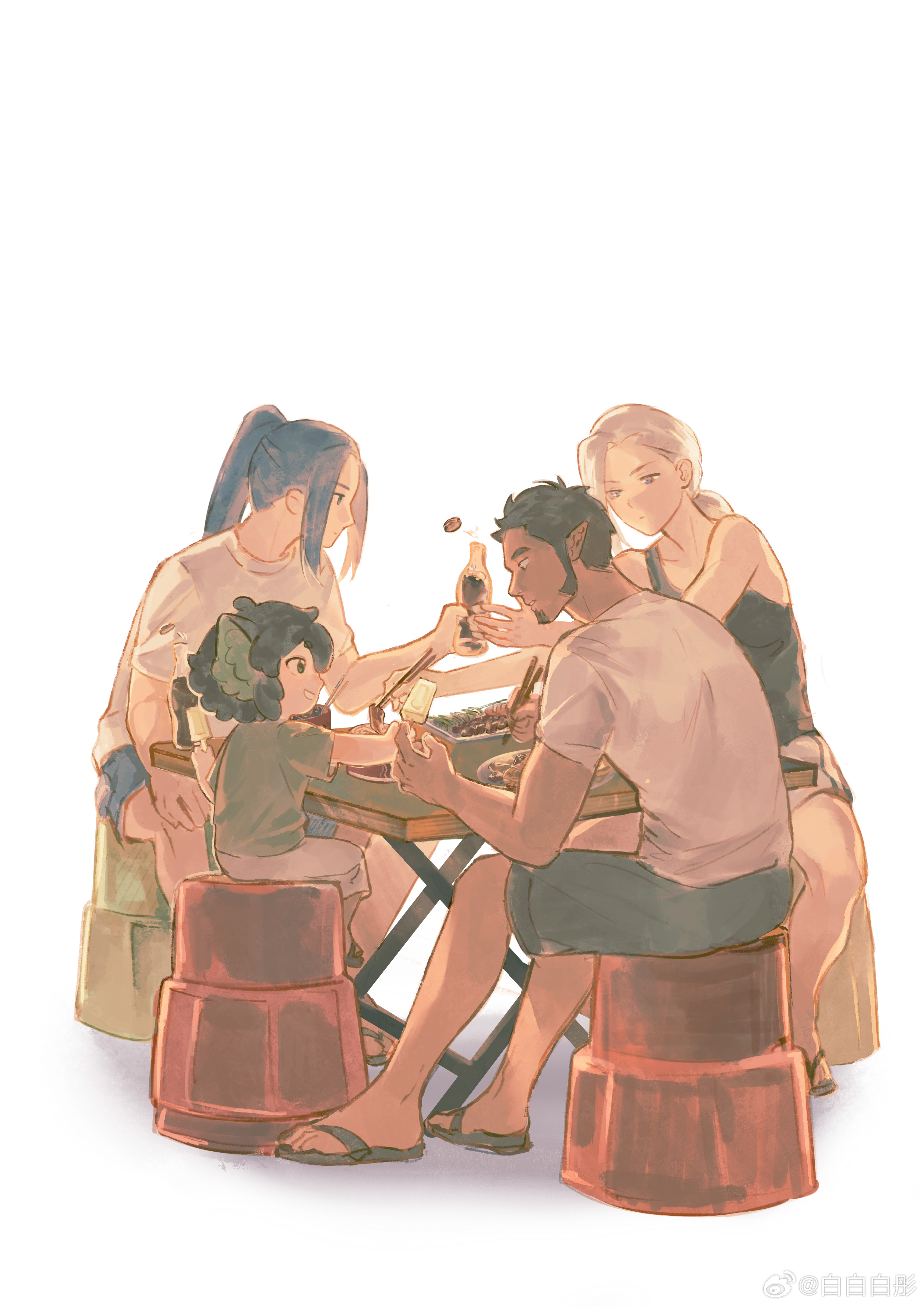 luo xiaohei, luo xiaohei (human), wuxian (the legend of luoxiaohei), luo xiaohei zhanji, absurdres, character request, highres, 1girl, 3boys, animal ears, black hair, black tank top, blue hair, bottle, cat boy, cat ears, chopsticks, facial hair, food, goatee, green shirt, grey hair, ice cream, luye (the legend of luoxiaohei), multiple boys, pointy ears, ponytail, sandals, shadow, shirt, simple background, sitting, table, tank top, weibo 2871627840, white background, white shirt