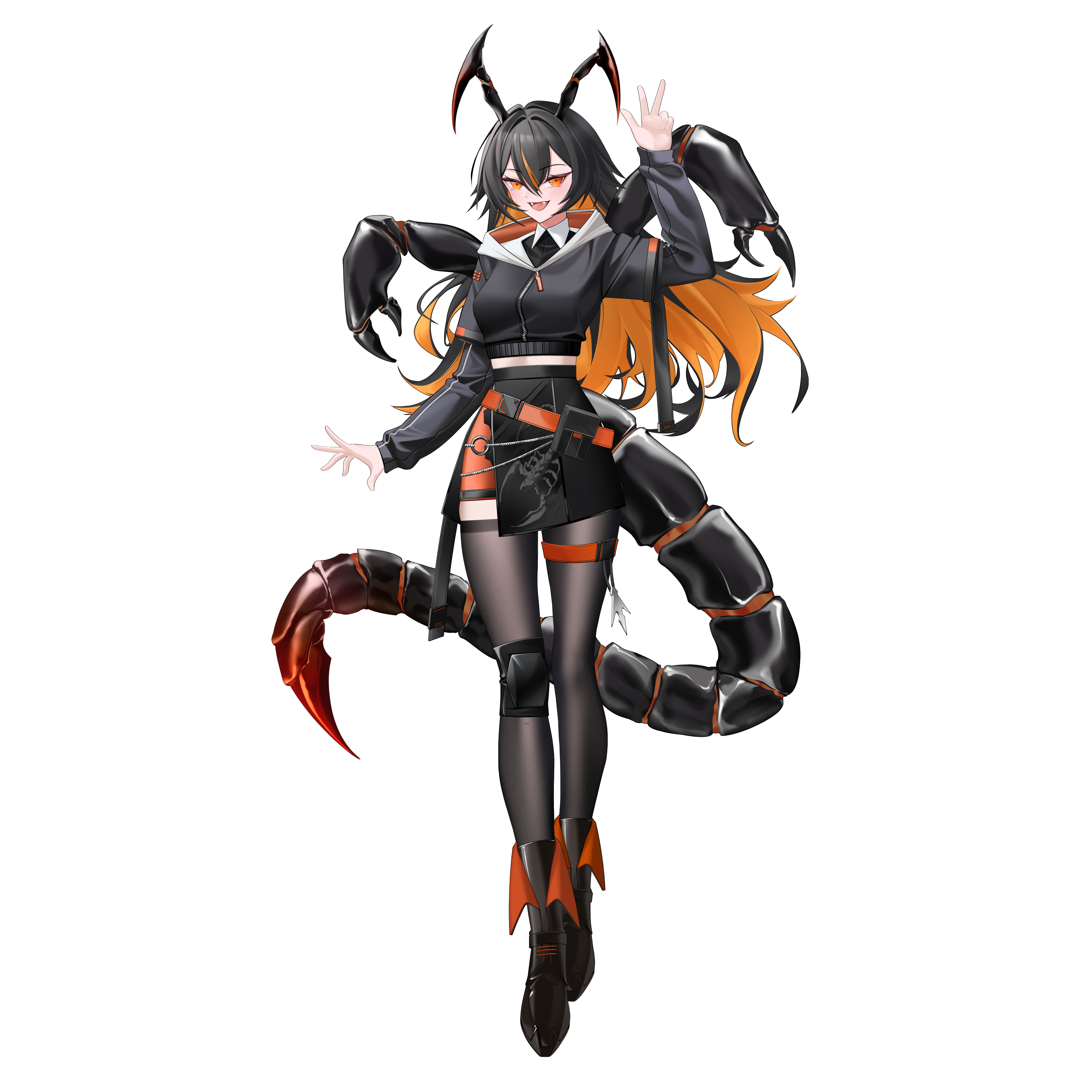 rhan, original, absurdres, commission, commissioner upload, highres, non-web source, 1girl, antennae, arm strap, arthropod girl, belt, boots, breasts, claws, collared shirt, extra arms, fangs, full body, hood, hood down, hoodie, kyori (rhan), long bangs, long hair, long sleeves, looking at viewer, multicolored hair, open mouth, orange eyes, orange hair, orange streaks, scorpion girl, scorpion tail, shirt, skirt, small breasts, streaked hair, tail, thigh strap, thighhighs, thighs, transparent background, two-tone hair, zipper