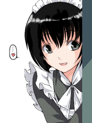 maskman, shirley medison, shirley (manga), lowres, 1girl, black hair, bob cut, female focus, grey eyes, heart, maid, maid headdress, peeking out, short hair, smile, solo, speech bubble, spoken heart