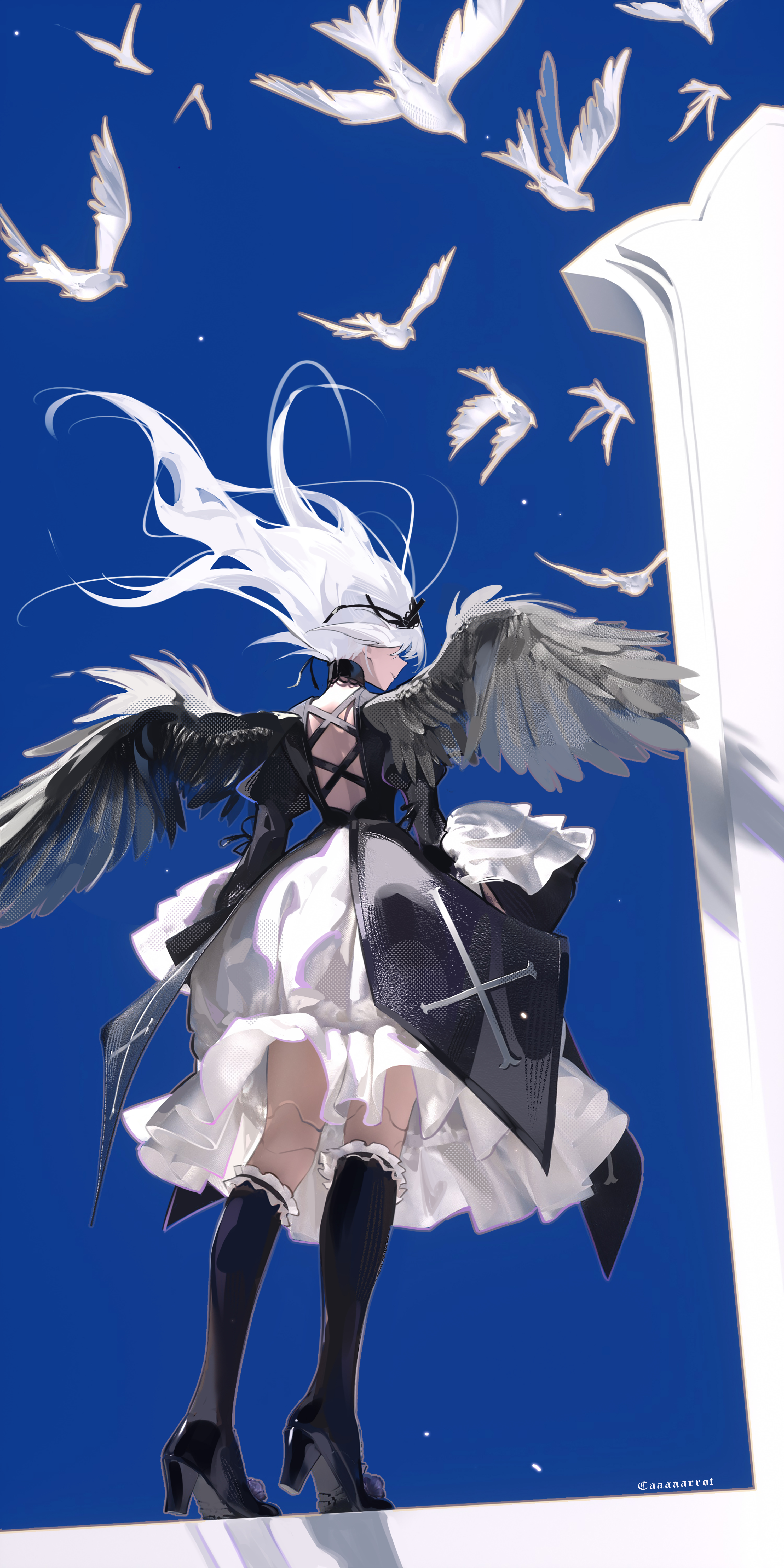 toto (caaaaarrot), suigintou, rozen maiden, absurdres, commentary request, highres, 1girl, animal, artist name, backless dress, backless outfit, bird, black socks, black wings, dove, dress, frills, from behind, gothic lolita, hairband, high heels, kneehighs, lolita fashion, lolita hairband, long hair, long sleeves, ribbon, socks, solo, white hair, wings