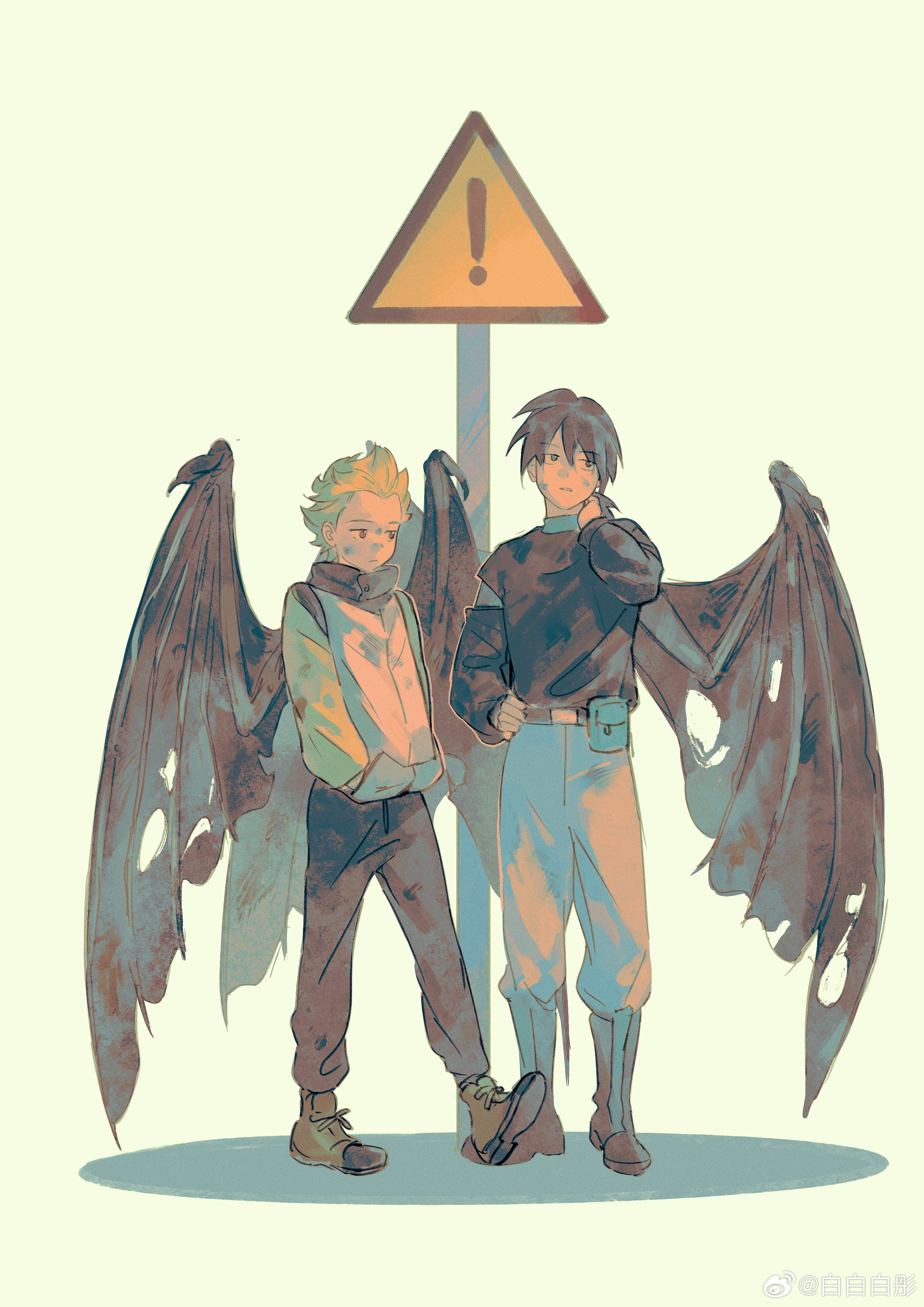 luo xiaohei zhanji, absurdres, highres, 2boys, black hair, black pants, black shirt, blonde hair, grey pants, jia (the legend of luoxiaohei), medium hair, multiple boys, pants, ponytail, shirt, short hair, sign, standing, torn wings, weibo 2871627840, wings, yi (the legend of luoxiaohei)