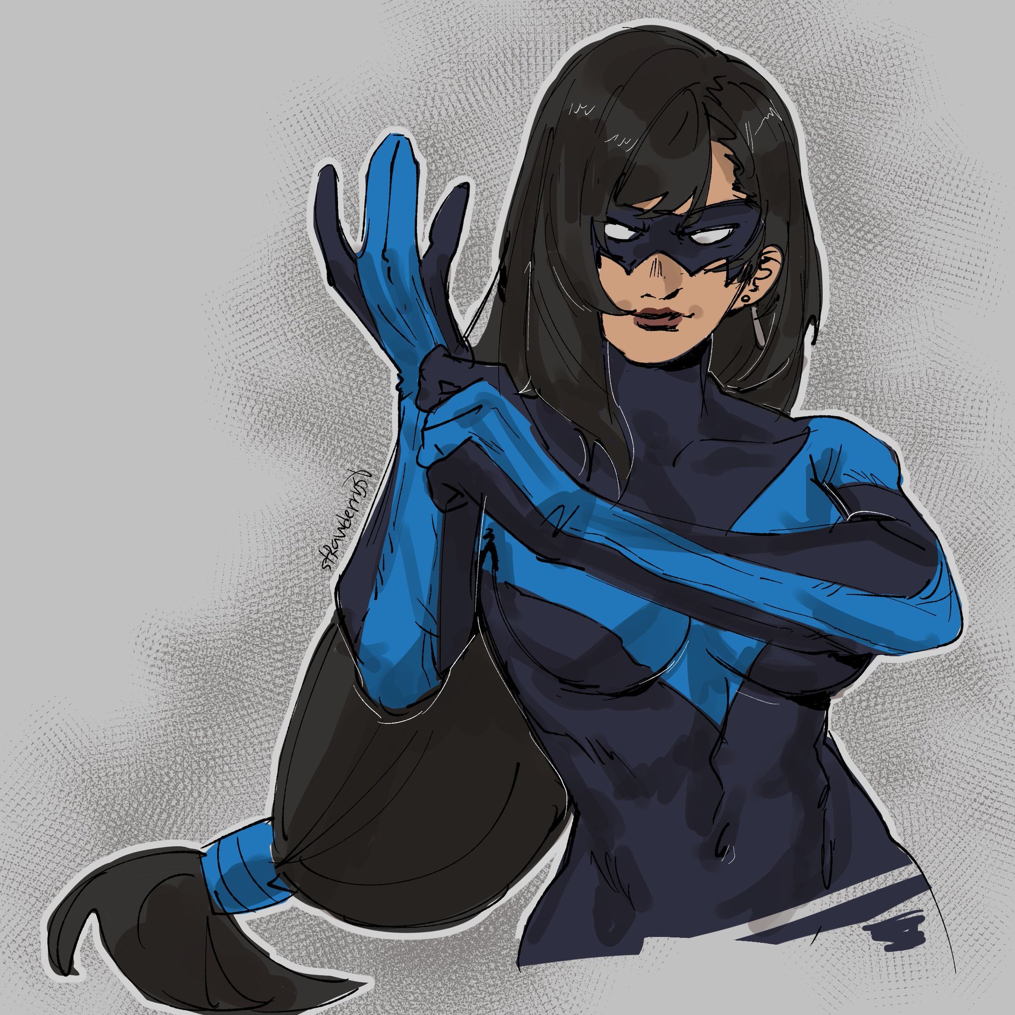 strawderryst, nightwing, tifa lockhart, final fantasy, final fantasy vii, highres, 1girl, adjusting clothes, adjusting gloves, black bodysuit, black hair, bodysuit, breasts, cosplay, gloves, long hair, low-tied long hair, medium breasts, nightwing (comic), nightwing (cosplay), simple background, solo, standing, upper body