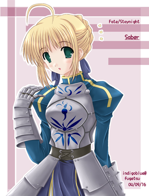 aikawa fuugetsu, artoria pendragon (fate), saber (fate), fate/stay night, fate (series), 00s, 1girl, armor, armored dress, dress, female focus, head tilt, solo