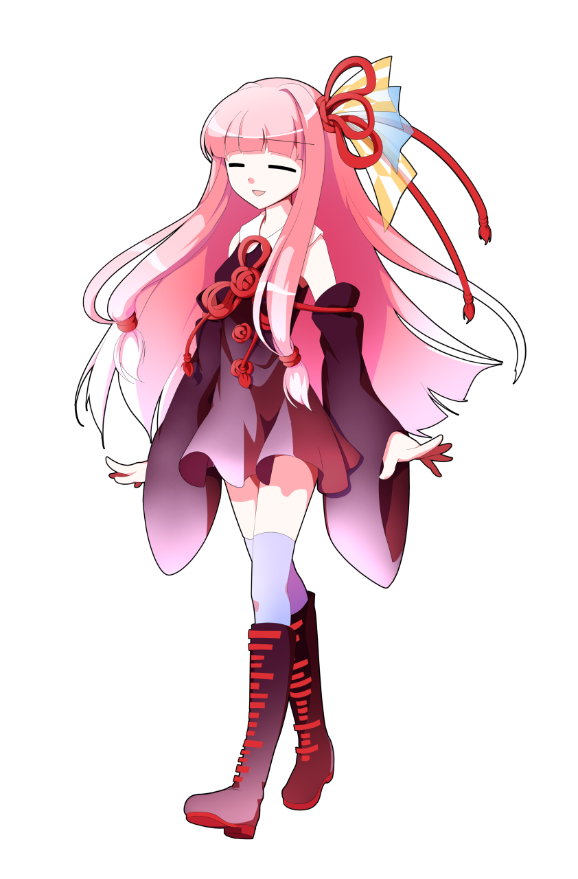 dairi, kotonoha akane, voiceroid, commentary request, highres, large variant set, variant set, 1girl, boots, detached sleeves, dress, full body, gradient boots, gradient clothes, gradient dress, hair ornament, hair ribbon, long hair, long sidelocks, long sleeves, pink hair, purple thighhighs, ribbon, sidelocks, solo, tachi-e, tassel, thighhighs, transparent background, tress ribbon, very long hair, walking, wide sleeves