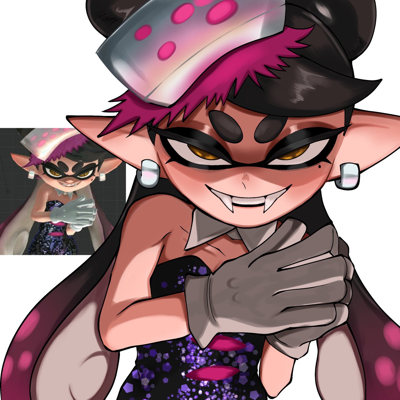 callie (splatoon), callie (squid sisters outfit) (splatoon), nintendo, splatoon (series), 1girl, bare shoulders, breasts, earrings, fangs, gloves, jewelry, looking at viewer, pointy ears, sleeveless, tentacle hair, twintails, y9yeawkcco56968, yellow eyes