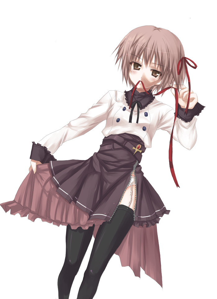kodamasawa izumi, nagato yuki, suzumiya haruhi no yuuutsu, 00s, blush, brown eyes, brown hair, garter belt, lingerie, panties, ribbon, short hair, skirt, thighhighs, underwear, zipper