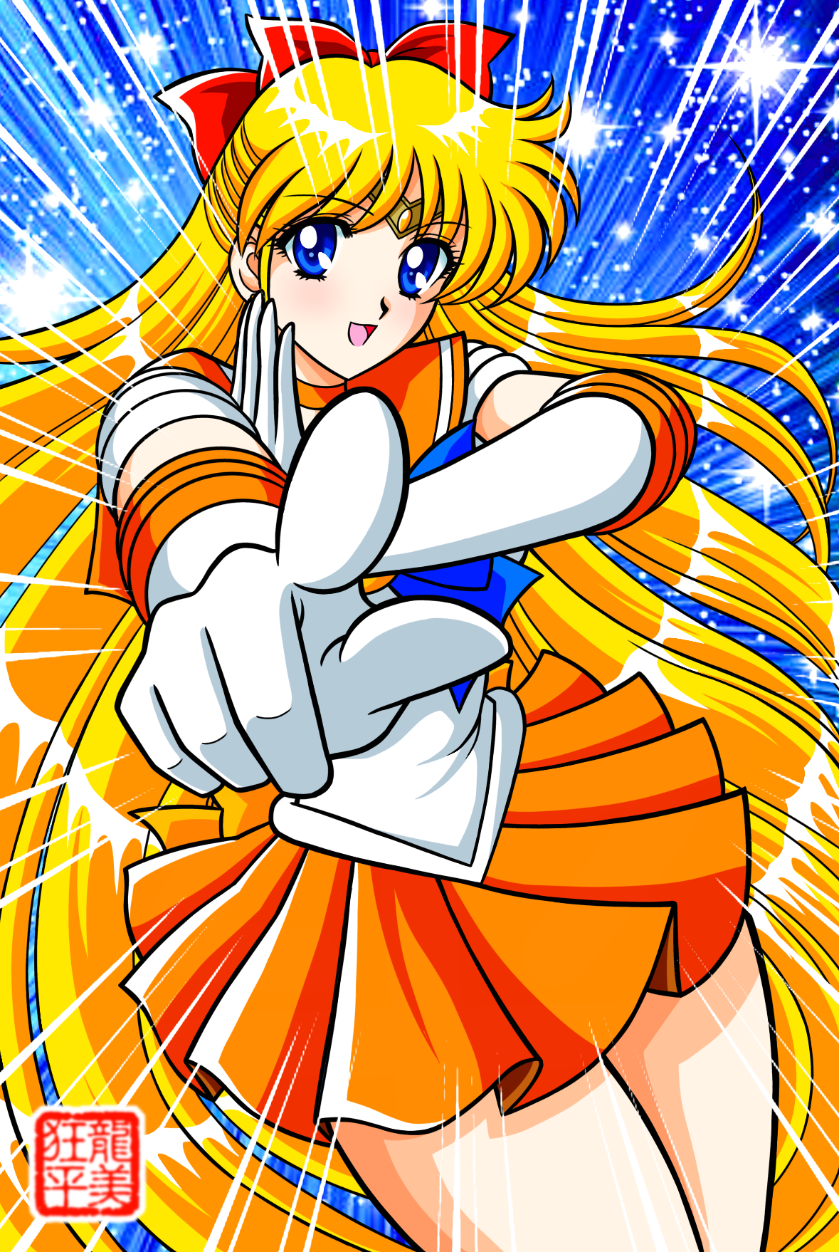 tatsumi kyouhei, aino minako, sailor venus, bishoujo senshi sailor moon, 1girl, blonde hair, blue eyes, bow, gloves, long hair, looking at viewer, miniskirt, red bow, short sleeves, skirt, very long hair