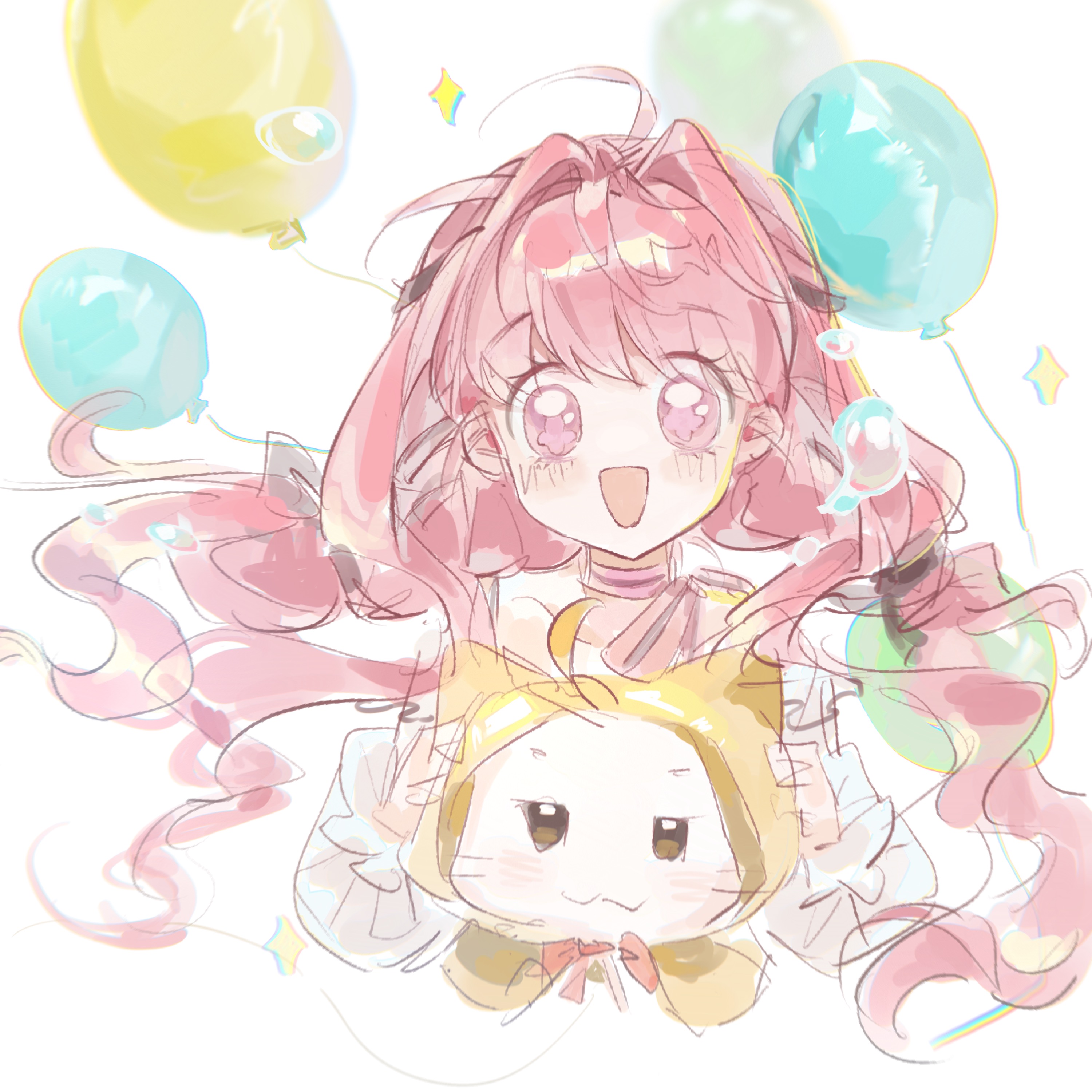 momo (nikki), nikki (nikki), perfect start (infinity nikki), infinity nikki, nikki (series), absurdres, highres, 1girl, :3, ahoge, animal, balloon, black bow, black ribbon, bow, bowtie, brown eyes, bubble, cat, choker, cloak, closed mouth, clothed animal, cropped torso, ear covers, eyelashes, eyes visible through hair, frilled shirt, frilled sleeves, frills, hair bow, hair intakes, hair ribbon, happy, hood, hood up, hooded cloak, long hair, long sleeves, low twintails, nannan72164, off-shoulder shirt, off shoulder, pink choker, pink eyes, pink hair, puffy long sleeves, puffy sleeves, red bow, red bowtie, ribbon, shirt, simple background, single stripe, sketch, sparkle, striped choker, tareme, tress ribbon, twintails, very long hair, wavy hair, whiskers, white background, white cat, white shirt, wide-eyed, yellow cloak