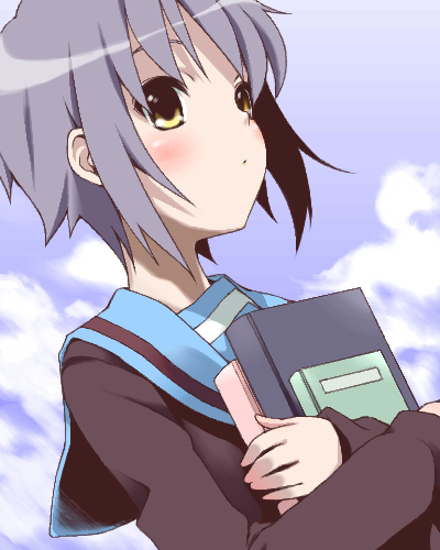 maskman, nagato yuki, suzumiya haruhi no yuuutsu, lowres, 00s, 1girl, blush, book, cardigan, close-up, cloud, day, female focus, grey hair, outdoors, school uniform, serafuku, short hair, sky, solo, yellow eyes