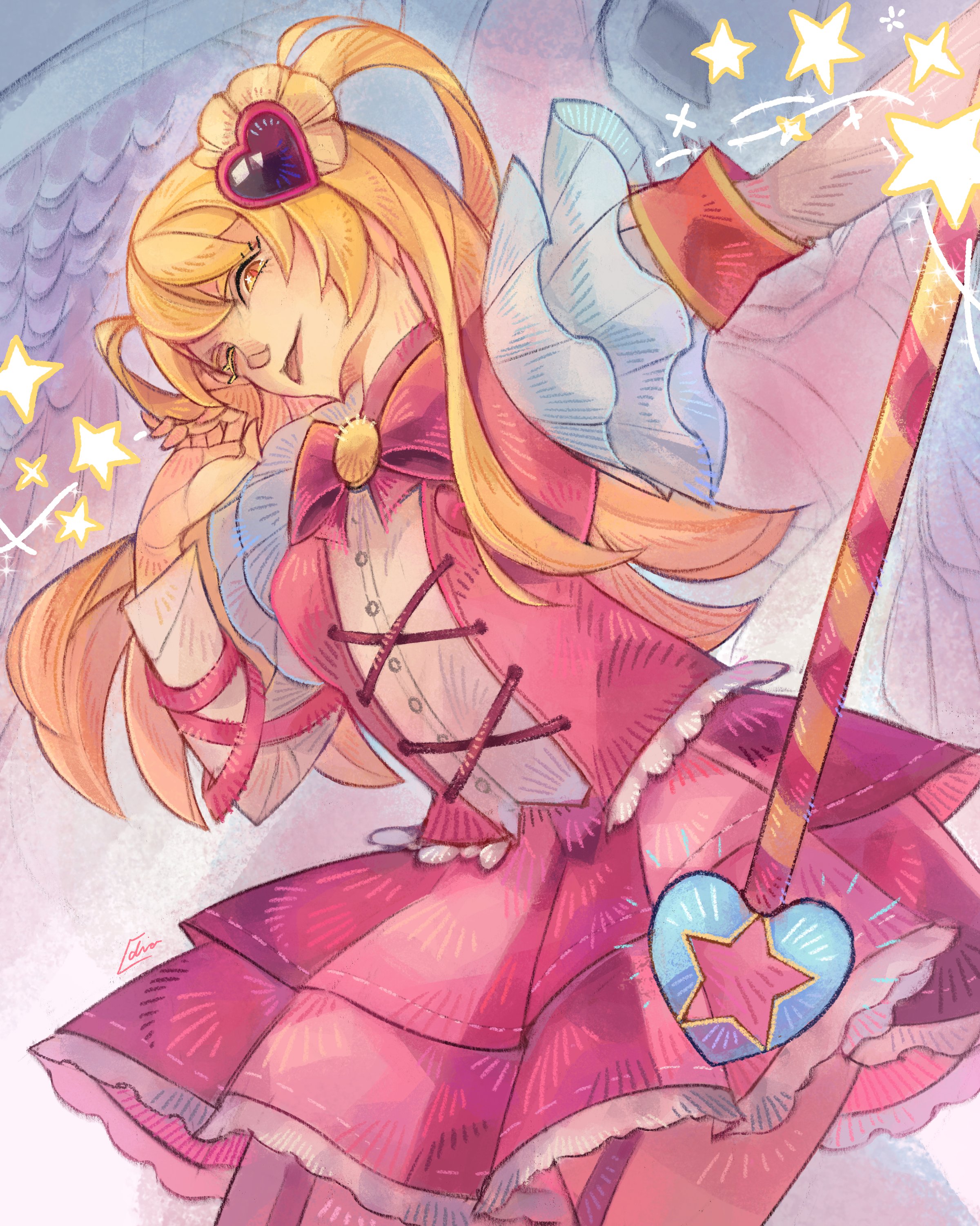 don quixote (project moon), limbus company, project moon, absurdres, commentary, english commentary, highres, 1girl, ;p, blonde hair, bow, bowtie, e.g.o (project moon), frilled skirt, frilled sleeves, frilled vest, frills, from below, hair ornament, heart, heart hair ornament, holding, holding wand, idiascheden010, in the name of love and hate (e.g.o), lobotomy corporation (identity) (project moon), long hair, long sleeves, looking at viewer, magical girl, one eye closed, pink bow, pink skirt, pink vest, shirt, skirt, smile, solo, star (symbol), tongue, tongue out, two side up, vest, wand, white shirt, yellow brooch, yellow eyes