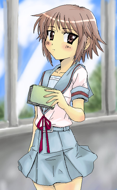 maskman, nagato yuki, suzumiya haruhi no yuuutsu, 00s, 1girl, belt, blush, book, female focus, flat chest, grey hair, oekaki, pink eyes, school uniform, serafuku, short hair, skirt, solo, window