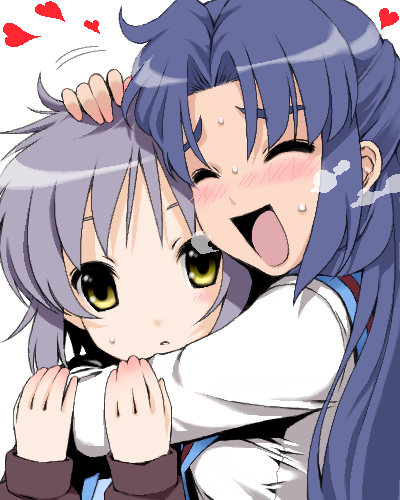 maskman, asakura ryoko, nagato yuki, suzumiya haruhi no yuuutsu, lowres, 00s, blue hair, blush, closed eyes, grey hair, heart, hug, long hair, yellow eyes