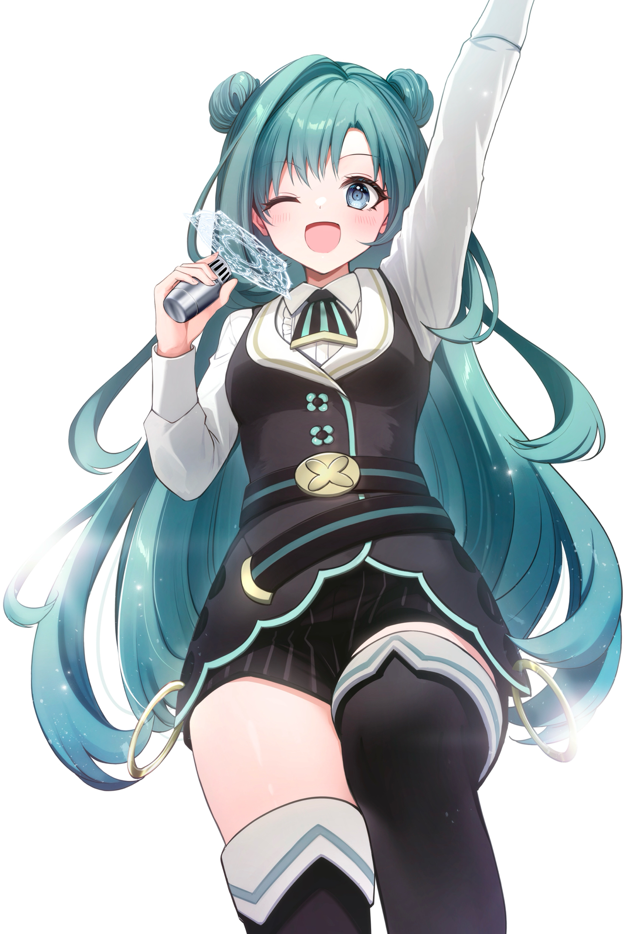 yomogi komegura, character request, commentary request, highres, 1girl, ;d, arm up, black boots, black shorts, black vest, blue eyes, blue hair, boots, center frills, collared shirt, double bun, frills, hair bun, holding, long hair, long sleeves, looking at viewer, one eye closed, open mouth, pinstripe shorts, shirt, shorts, simple background, single hair intake, smile, solo, thigh boots, very long hair, vest, white background, white shirt, yuusha party wo oidasareta kiyoubinbou