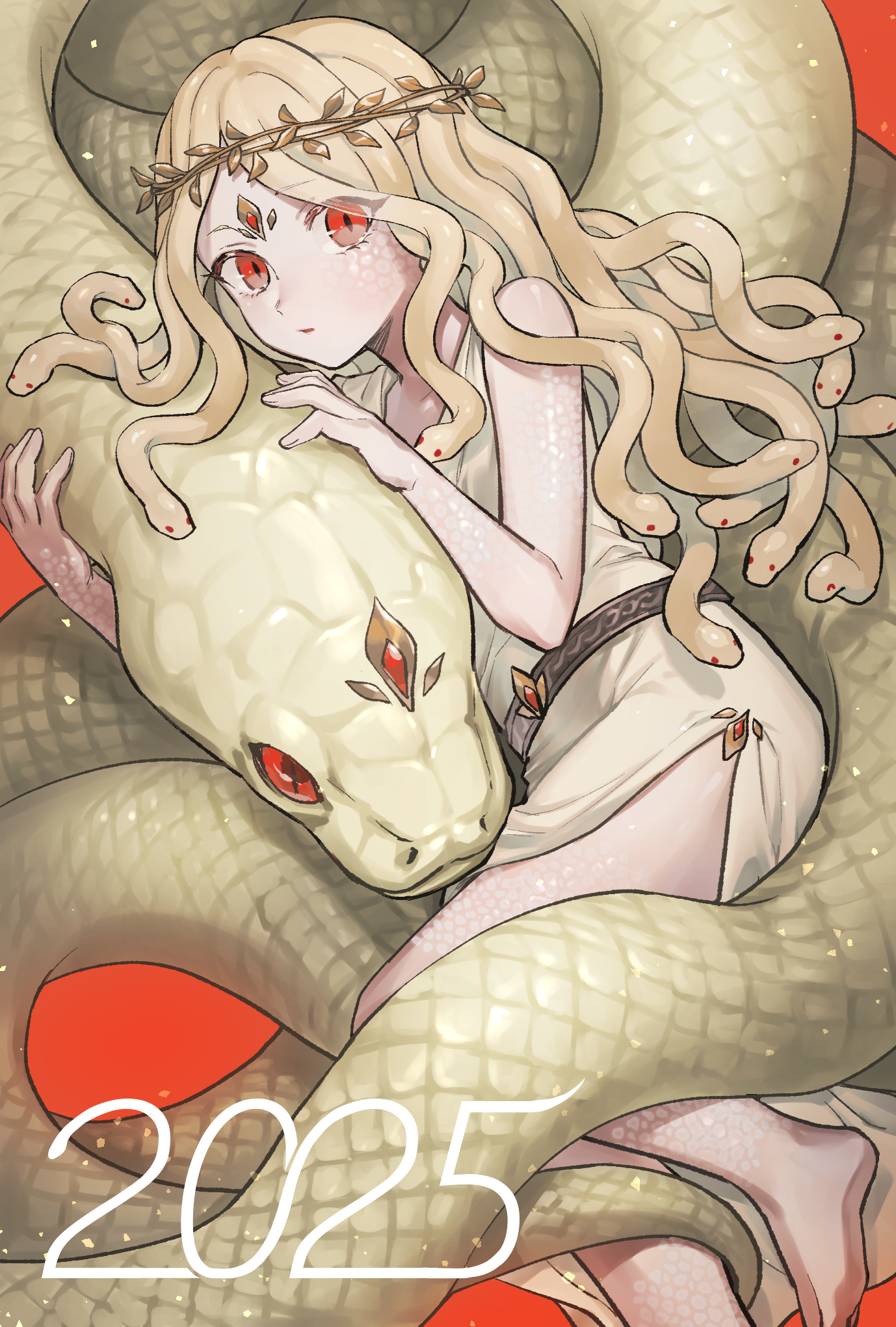 aida mei, original, highres, 1girl, 2025, animal, animal hug, barefoot, chinese zodiac, dress, greco-roman clothes, head wreath, nengajou, new year, red background, red eyes, scales, side slit, slit pupils, snake, snake hair, solo, year of the snake