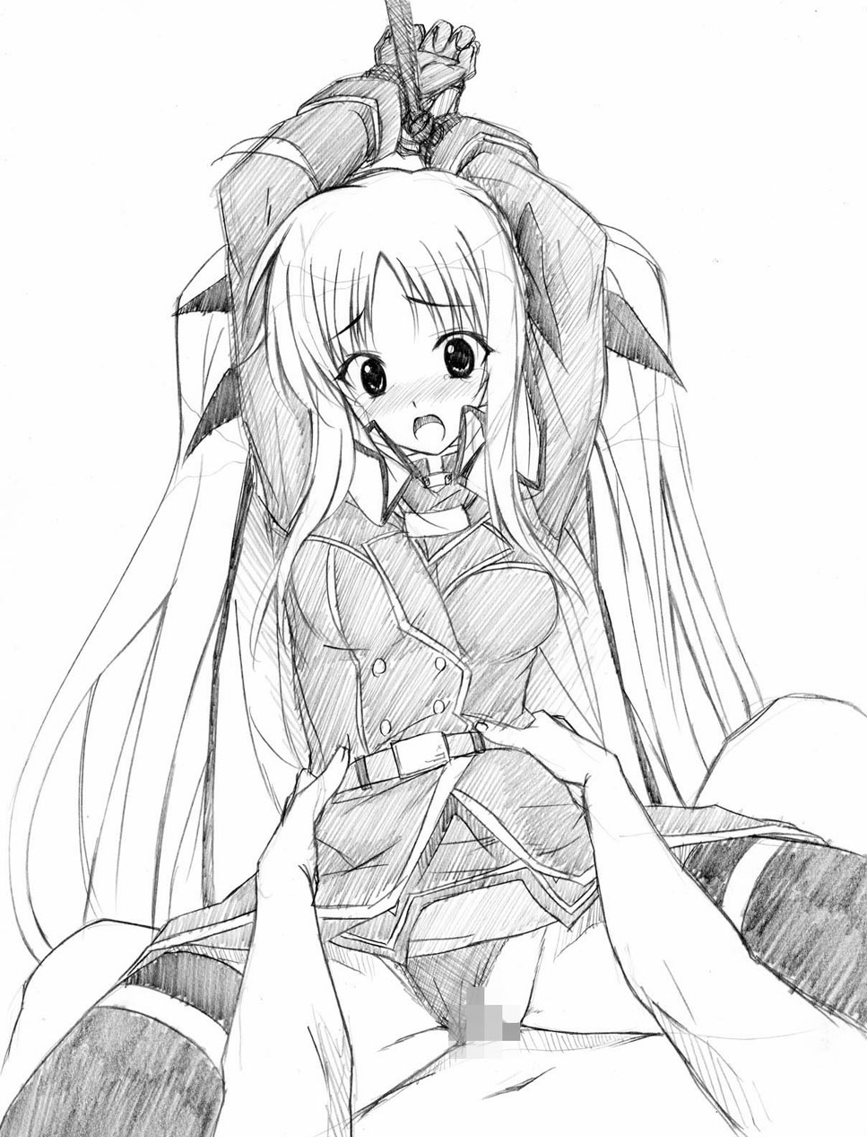 oppai kenmin, fate testarossa, lyrical nanoha, mahou shoujo lyrical nanoha, mahou shoujo lyrical nanoha strikers, graphite (medium), highres, traditional media, 00s, 1girl, bdsm, blonde hair, bondage, bound, bound wrists, censored, greyscale, long hair, monochrome, restrained, rope, sex, solo focus, tears, thighhighs, vaginal