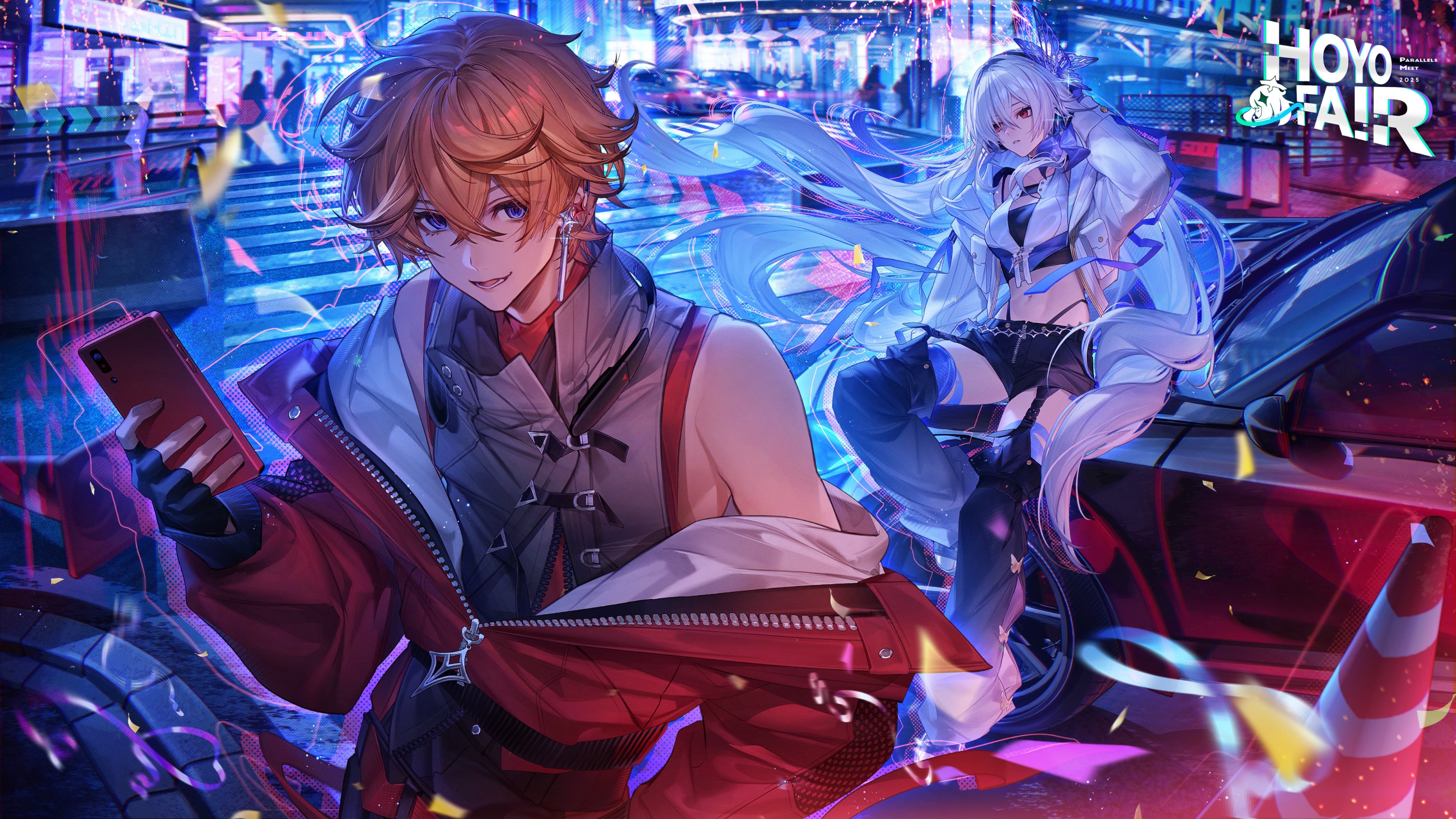 mizutama (mao11260510), skirk (genshin impact), tartaglia (genshin impact), genshin impact, absurdres, highres, 1boy, alternate costume, bare shoulders, black gloves, blue eyes, breasts, car, contemporary, earrings, gloves, grey hair, hair between eyes, hoyofair, jewelry, leaning, leaning back, leaning on object, long hair, long sleeves, looking at viewer, motor vehicle, navel, on car, orange hair, prosthesis, prosthetic arm, prosthetic leg, red eyes, smile, very long hair