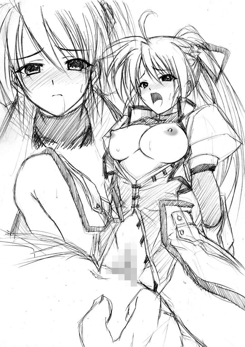 oppai kenmin, signum, lyrical nanoha, mahou shoujo lyrical nanoha, mahou shoujo lyrical nanoha a's, graphite (medium), traditional media, 00s, 1boy, 1girl, breasts, breasts out, censored, fat, fat man, greyscale, hetero, large breasts, monochrome, mosaic censoring, multiple views, nipples, penis, sex, sketch, solo focus, vaginal