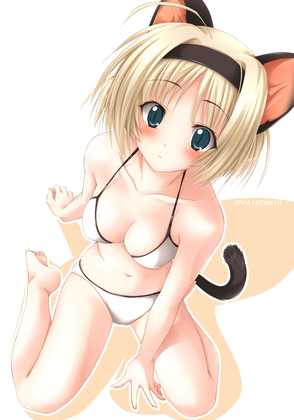 oppai kenmin, highres, 1girl, ahoge, animal ears, barefoot, bikini, blonde hair, blue eyes, blush, breasts, cat ears, cat tail, cleavage, female focus, from above, green eyes, hairband, short hair, sitting, slit pupils, solo, swimsuit, tail, white bikini