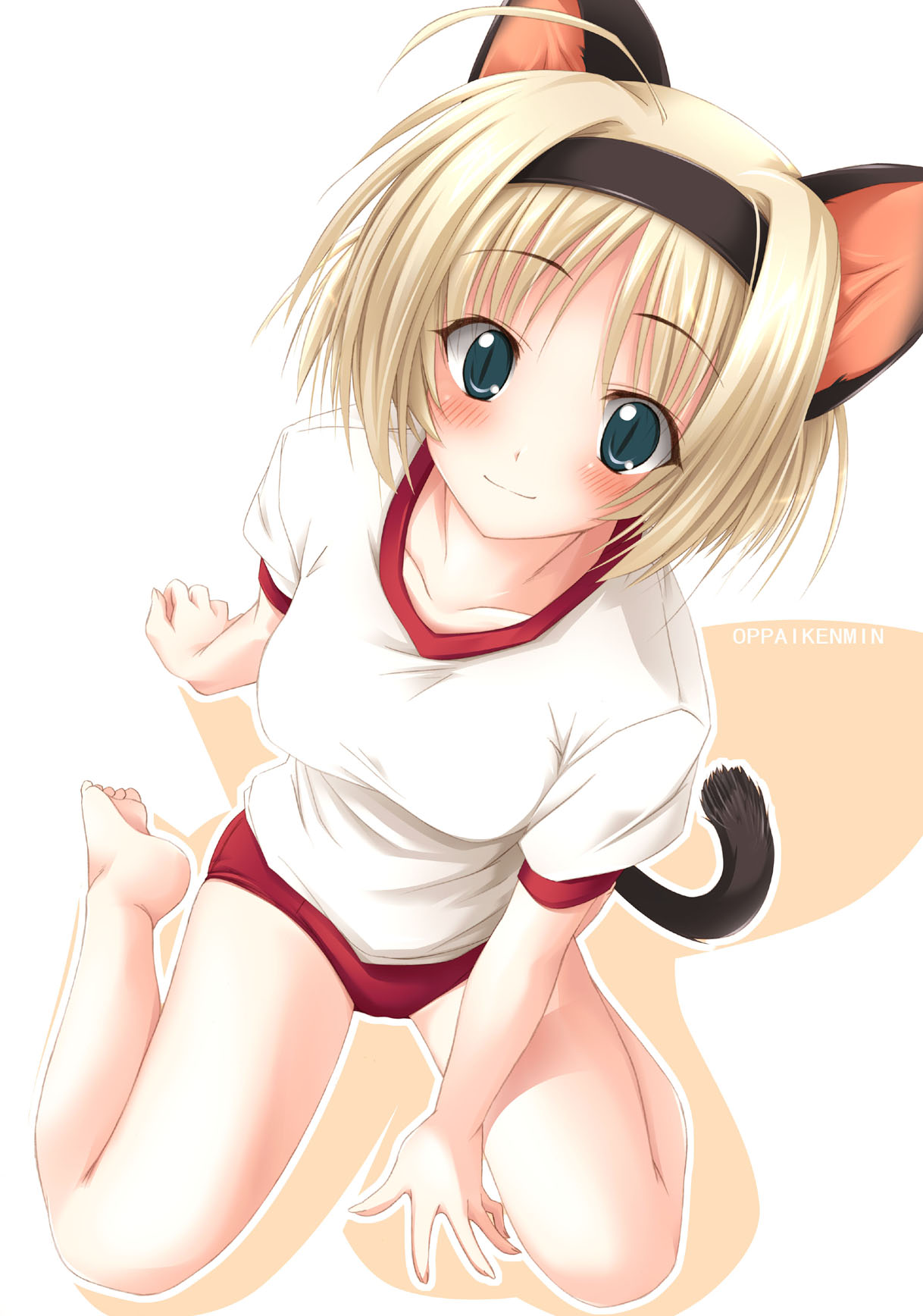 oppai kenmin, highres, ahoge, animal ears, blonde hair, blush, buruma, cat ears, cat tail, gym uniform, hairband, solo, tail, thighhighs