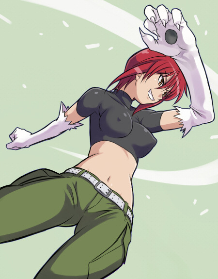 maruto!, riza wildman, kaibutsu oujo, 00s, 1girl, animal hands, babydoll t-shirt, belt, breasts, cargo pants, claws, clenched teeth, covered erect nipples, crop top, elbow gloves, female focus, gloves, medium breasts, midriff, navel, pants, red hair, short hair, solo, teeth, yellow eyes