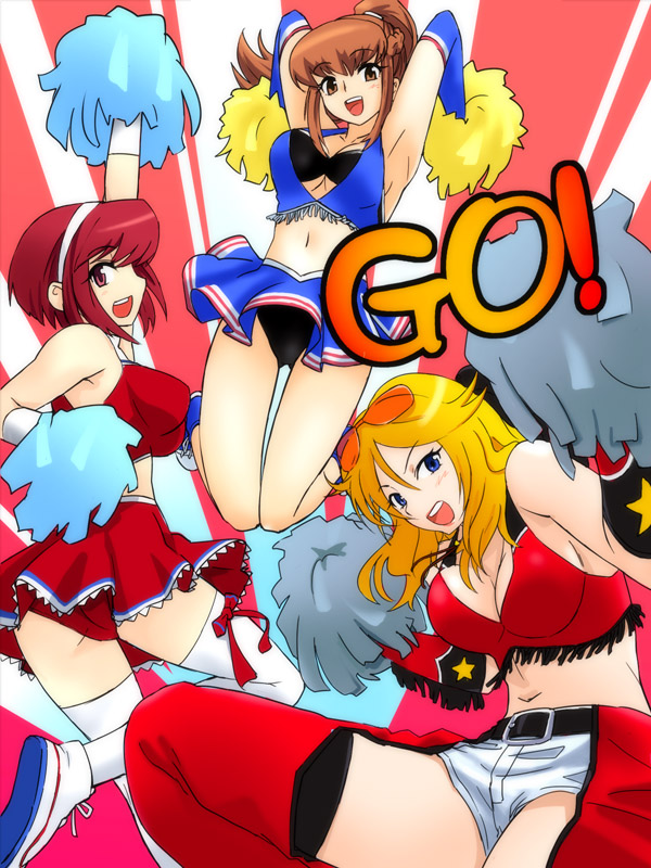michael f91, amemiya sayaka, shirosaki rin, starr, elite beat agents, osu! tatakae! ouendan, 3girls, ass, blonde hair, blue eyes, breasts, brown eyes, brown hair, chaps, cheerleader, cleavage, crossover, elbow gloves, fringe trim, gloves, hairband, large breasts, midriff, multiple girls, ouendan, panties, pom pom (cheerleading), ponytail, red eyes, red hair, skirt, smile, sunglasses, thighhighs, underwear, upskirt, zettai ryouiki