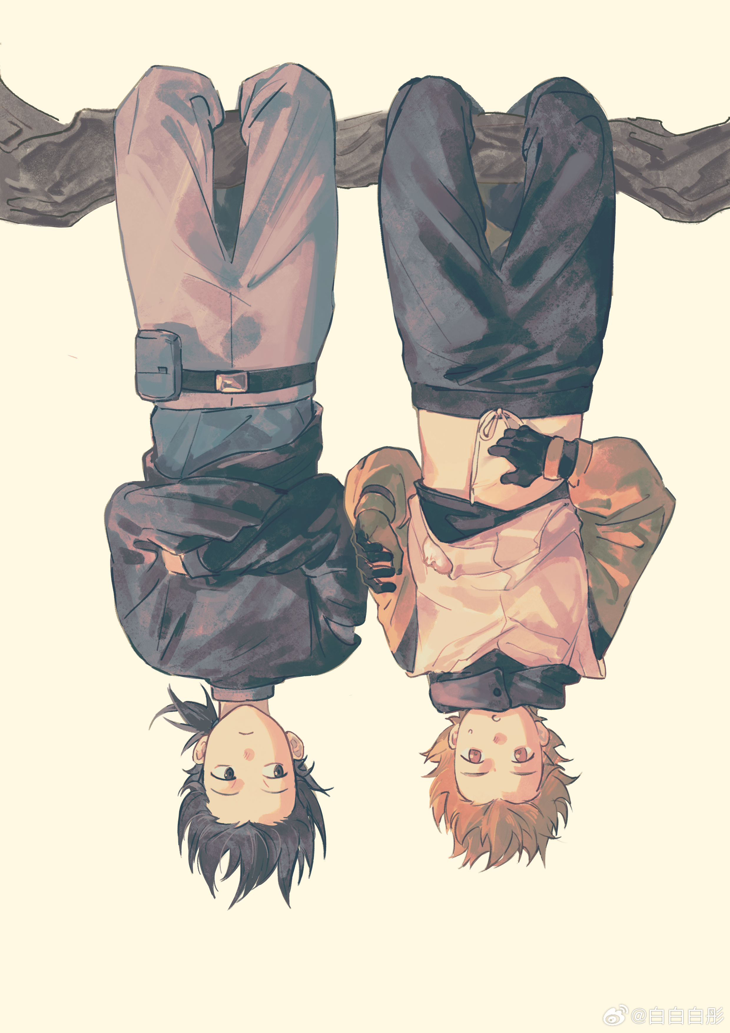luo xiaohei zhanji, absurdres, highres, 2boys, black hair, black pants, black shirt, blonde hair, branch, grey pants, jia (the legend of luoxiaohei), medium hair, midriff, multiple boys, pants, ponytail, shirt, short hair, simple background, upside-down, weibo 2871627840, yi (the legend of luoxiaohei)