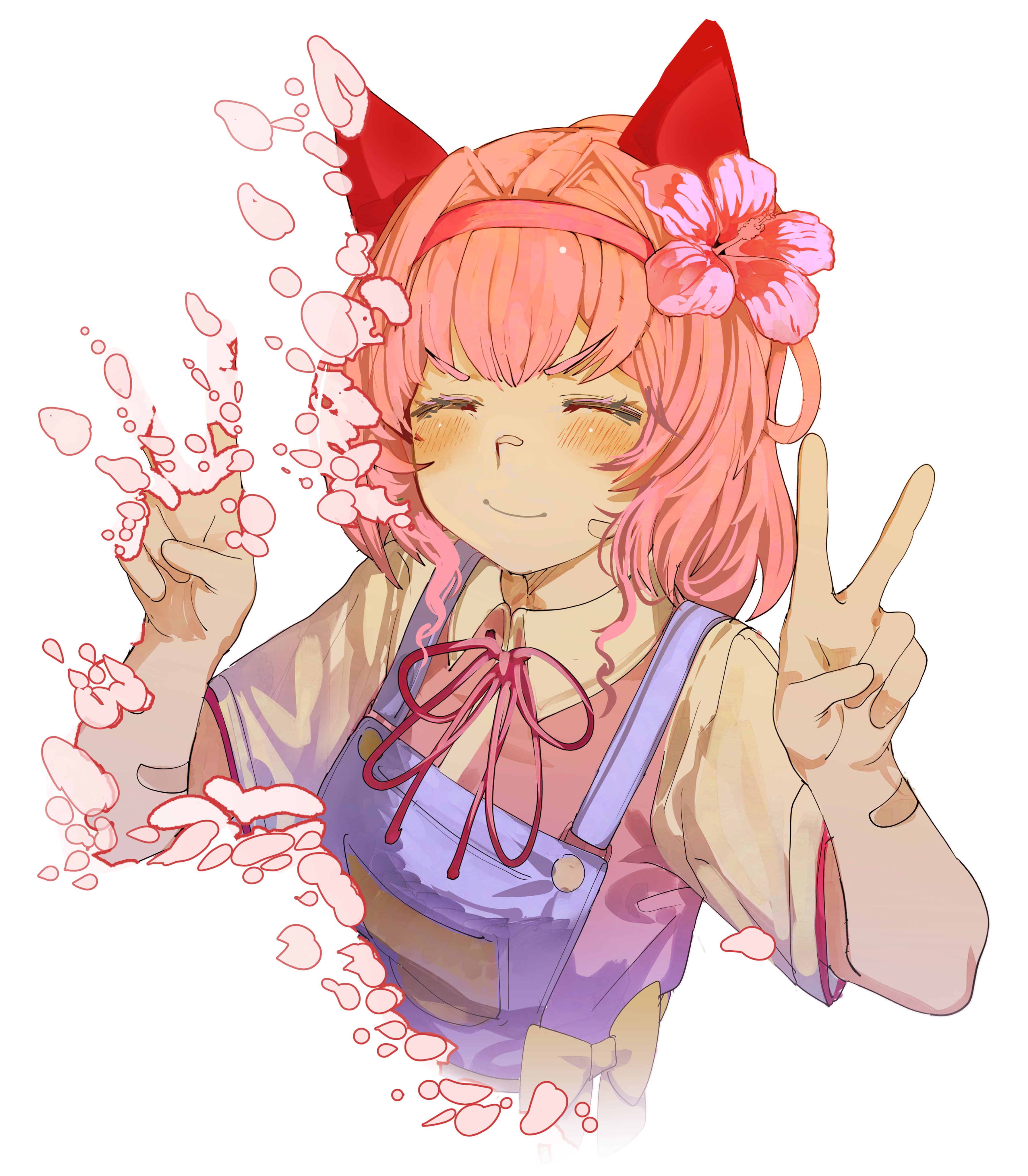 tomatolover16, haru urara (umamusume), umamusume, absurdres, commentary, english commentary, highres, 1girl, animal ears, blush, bow, closed eyes, closed mouth, collared shirt, disintegration, double v, ear covers, flower, hair flower, hair ornament, hairband, haru urara (casual) (umamusume), headband, horse ears, horse girl, long hair, overalls, petals, pink hair, pink headband, pink petals, pink ribbon, pink shirt, red headband, ribbon, shirt, short sleeves, smile, solo, upper body, v, yellow bow