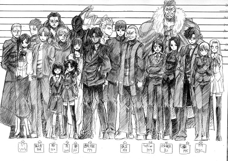 tapo, artoria pendragon (fate), berserker (fate/zero), diarmuid ua duibhne (fate), diarmuid ua duibhne (lancer) (fate), emiya kiritsugu, gilgamesh (fate), gilles de rais (caster) (fate), gilles de rais (fate), hisau maiya, irisviel von einzbern, iskandar (fate), kayneth archibald el-melloi, kotomine kirei, kotomine kirei (fate/zero), kotomine risei, matou kariya, matou sakura, matou sakura (fate/zero), saber (fate), sola-ui nuada-re sophia-ri, tohsaka aoi, tohsaka rin, tohsaka rin (fate/zero), tohsaka tokiomi, uryuu ryuunosuke, waver velvet, fate/stay night, fate/zero, fate (series), 00s, 6+boys, 6+girls, everyone, greyscale, height chart, iskander, lineup, monochrome, multiple boys, multiple girls, no legwear, thighhighs