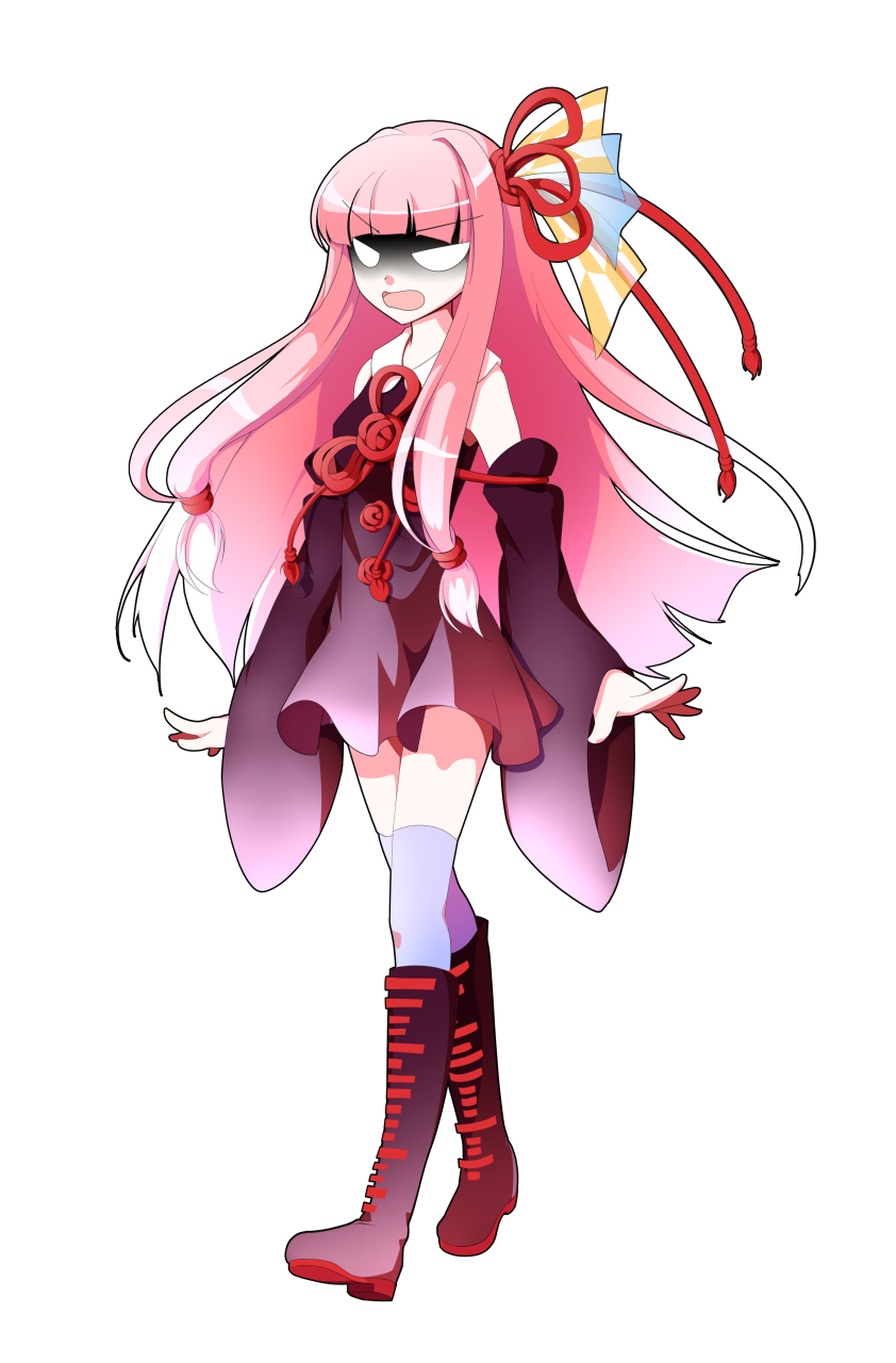 dairi, kotonoha akane, voiceroid, commentary request, highres, large variant set, variant set, 1girl, boots, detached sleeves, dress, full body, gradient boots, gradient clothes, gradient dress, hair ornament, hair ribbon, long hair, long sidelocks, long sleeves, pink hair, purple thighhighs, ribbon, sidelocks, solo, tachi-e, tassel, thighhighs, transparent background, tress ribbon, very long hair, walking, wide sleeves