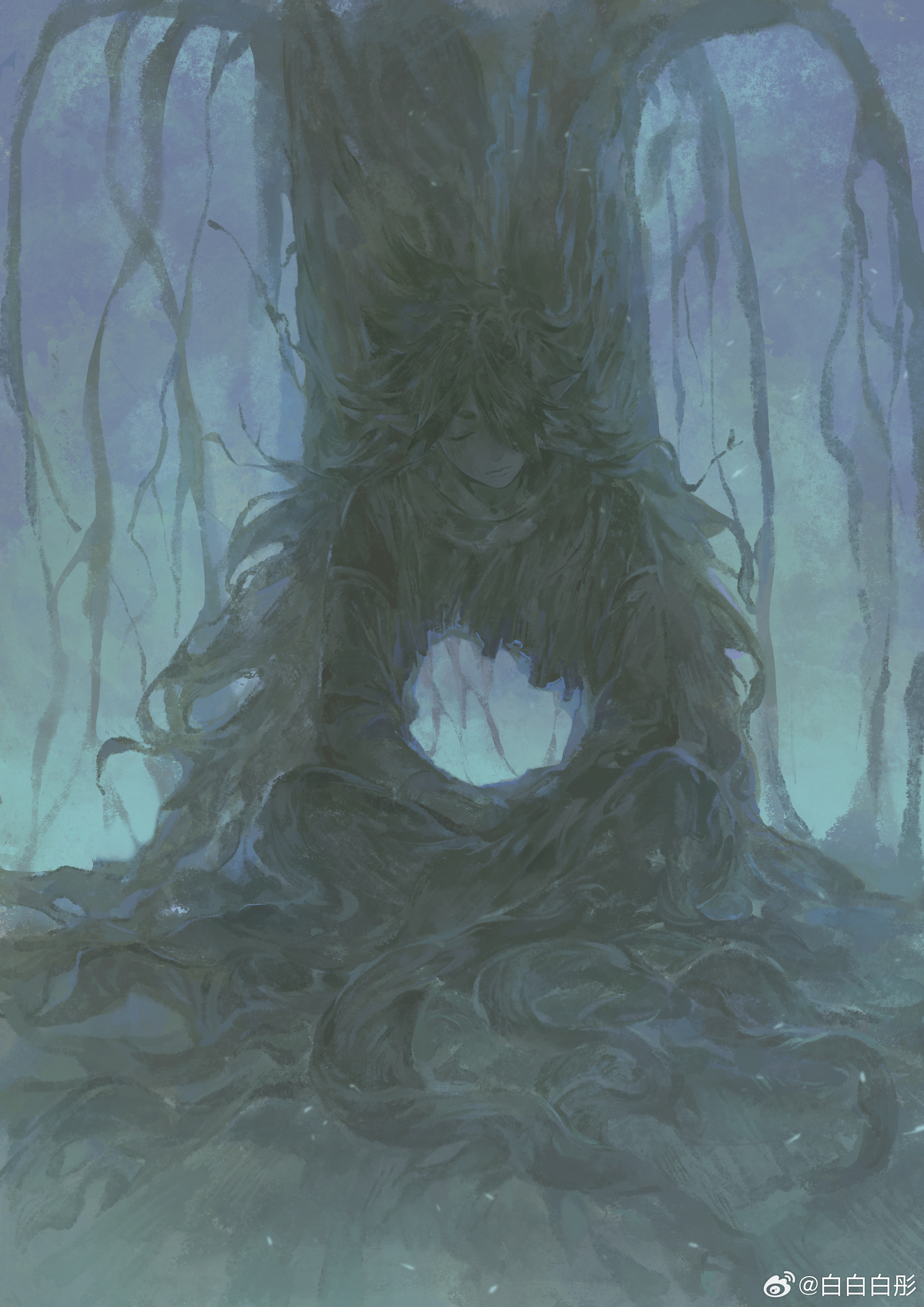 fengxi (the legend of luoxiaohei), luo xiaohei zhanji, absurdres, highres, 1boy, closed eyes, hole, plant roots, pointy ears, sitting, solo, tree, weibo 2871627840