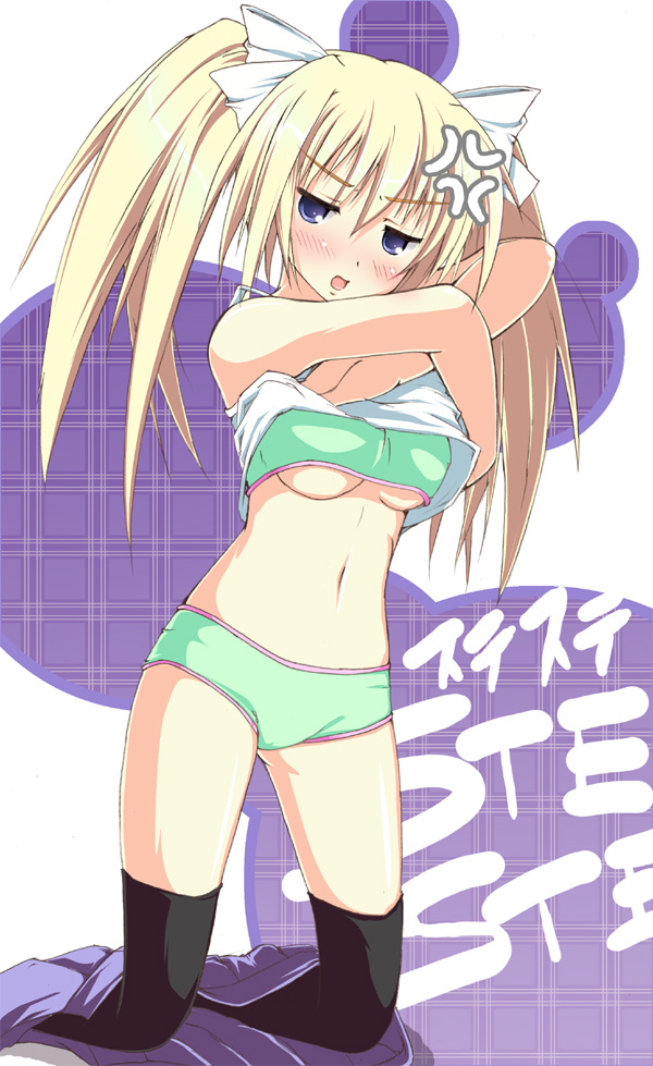 ayase hikaru, original, 1girl, blonde hair, bra, breasts, female focus, panties, solo, sports bra, thighhighs, twintails, underboob, underwear, undressing