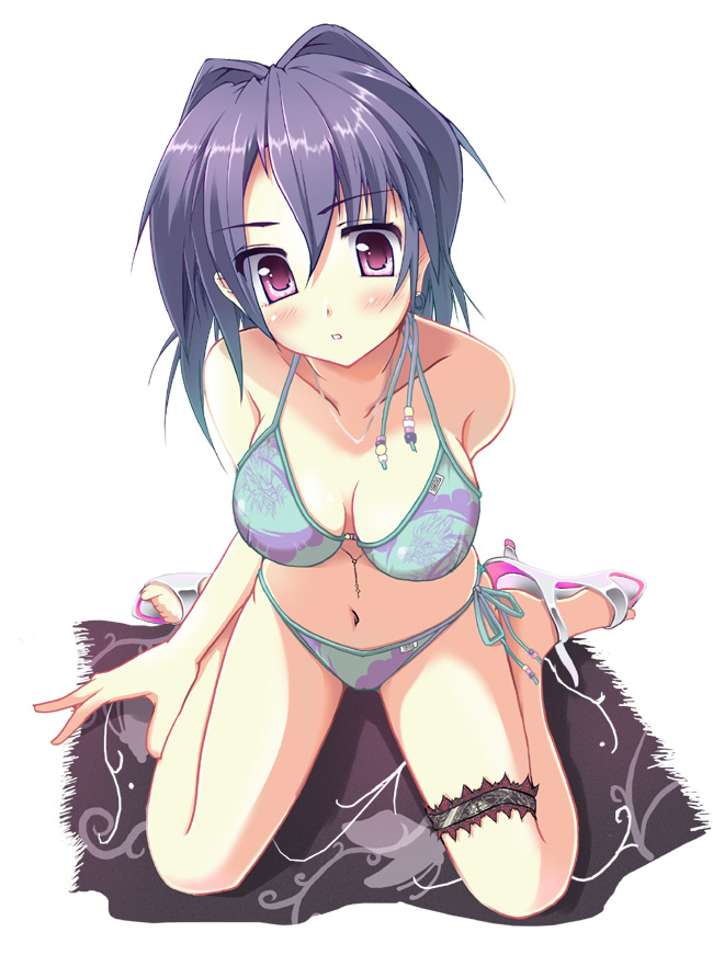 ayase hikaru, 1girl, bikini, blush, breasts, female focus, jewelry, large breasts, necklace, pink eyes, purple hair, sandals, short hair, side-tie bikini bottom, solo, swimsuit, thigh strap