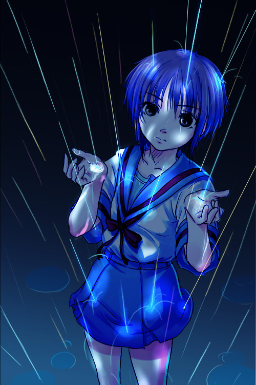 satori, satori (transient wind), nagato yuki, suzumiya haruhi no yuuutsu, 00s, rain, school uniform, serafuku, solo