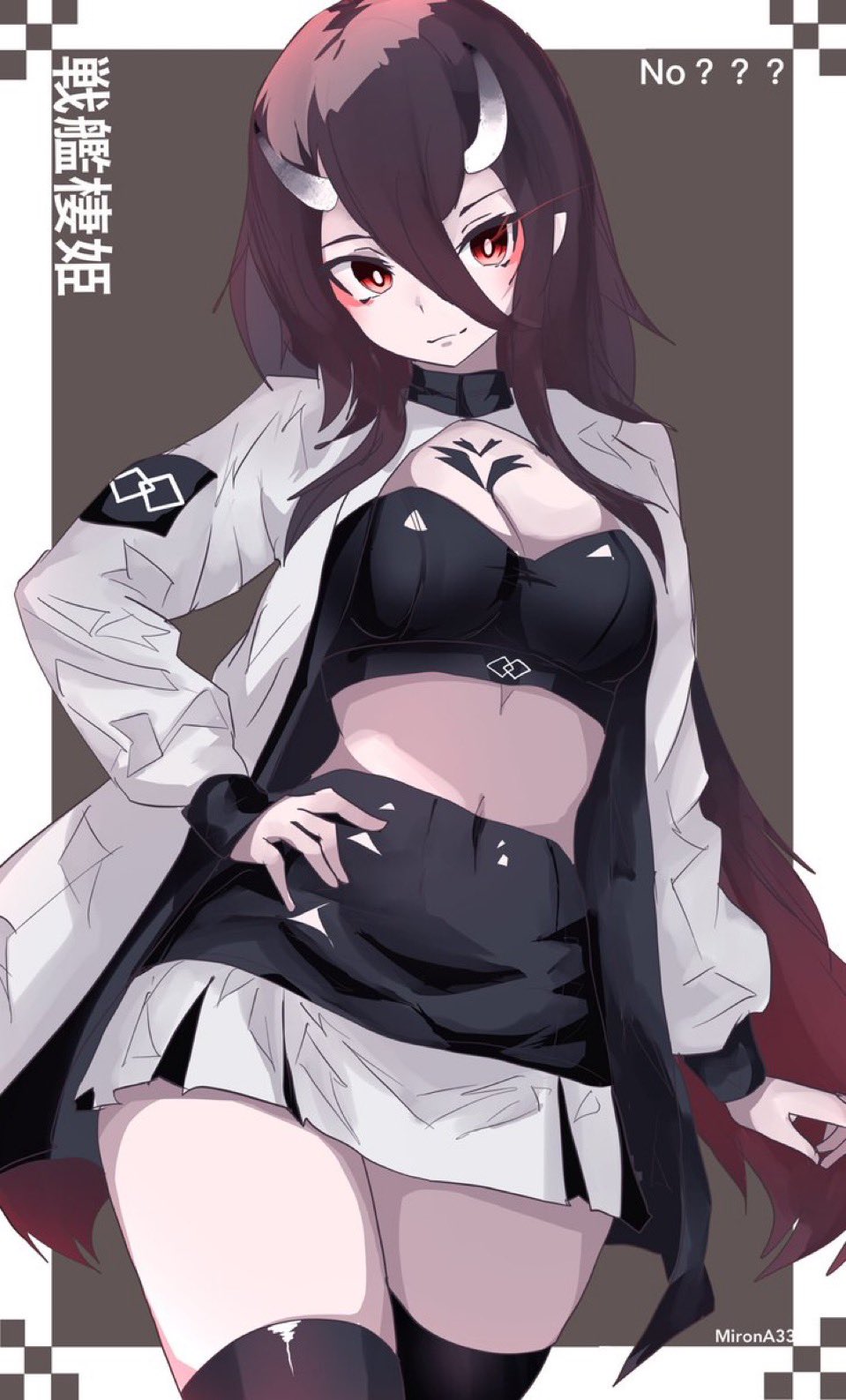 miron (mirona33), battleship princess, kantai collection, highres, 1girl, abyssal ship, black hair, breasts, cleavage, clothing cutout, colored skin, hand on own hip, horns, long hair, long sleeves, navel, orange eyes, pale skin, race queen, skirt, solo, thighhighs, white skin, zettai ryouiki