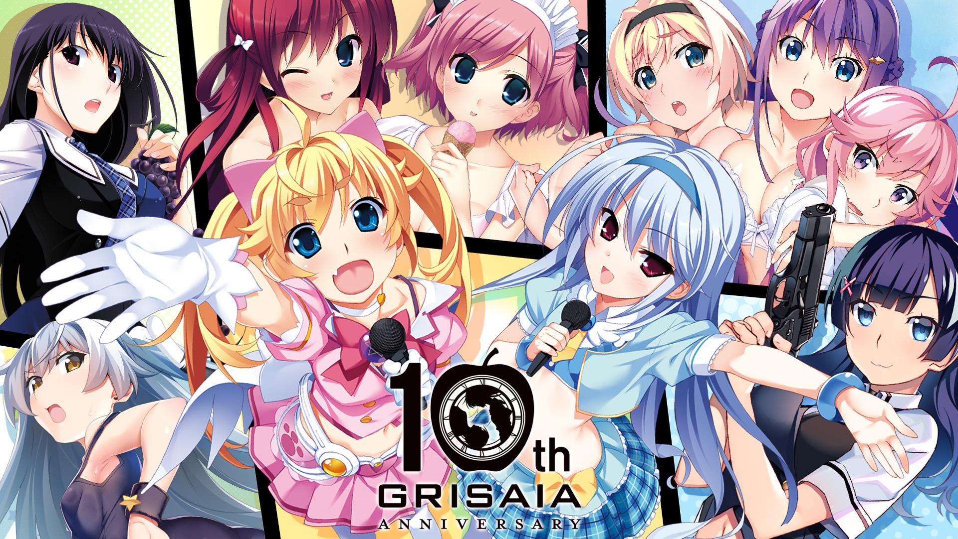 fumio (ura fmo), watanabe akio, fukami rena, ikoma murasaki, kazami kazuki, komine sachi, kujirase christina sakurako, matsushima michiru, sakaki yumiko, shishigaya touka, suou amane, grisaia (series), grisaia chronos rebellion, grisaia no kajitsu, grisaia phantom trigger, highres, 6+girls, :3, :d, ;d, ahoge, anniversary, black hair, black hairband, black one-piece swimsuit, blonde hair, blue eyes, blue hairband, blue jacket, blue skirt, blush, bow, bra, bracelet, braid, breasts, buttons, choker, cleavage, copyright name, cropped jacket, double-breasted, fang, food, fruit, gloves, grapes, grey hair, gun, hair bow, hair ornament, hairband, half up braid, handgun, holding, holding food, holding fruit, holding gun, holding ice cream, holding microphone, holding weapon, ice cream, idol, idol clothes, in-franchise crossover, jacket, jewelry, l (grisaia chronos rebellion), large breasts, long hair, looking at viewer, medium breasts, microphone, midriff, mihama private academy school uniform, multiple girls, one-piece swimsuit, one eye closed, open clothes, open hand, open jacket, open mouth, pantyhose, pink bow, pink hair, pink jacket, pink skirt, plaid clothes, plaid skirt, puffy short sleeves, puffy sleeves, purple eyes, purple hair, red eyes, red hair, school swimsuit, school uniform, short hair, short sleeves, skirt, small breasts, smile, standing, swimsuit, twintails, underwear, very long hair, weapon, white bra, white choker, white gloves, white pantyhose, x hair ornament, yellow eyes