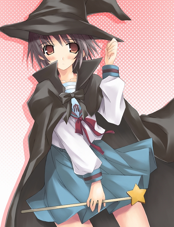naipeta, nagato yuki, suzumiya haruhi no yuuutsu, 00s, cape, hat, school uniform, serafuku, solo, wand, witch hat