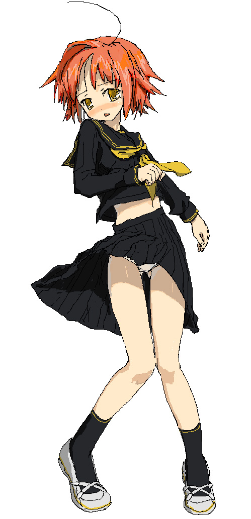 96, nannaru (nananana), original, 1girl, :<, ahoge, female focus, knees together feet apart, midriff, orange hair, panties, pantyshot, school uniform, serafuku, shoes, short hair, simple background, skirt, solo, standing, underwear, uwabaki, white background, white panties, white shoes, wind, wind lift